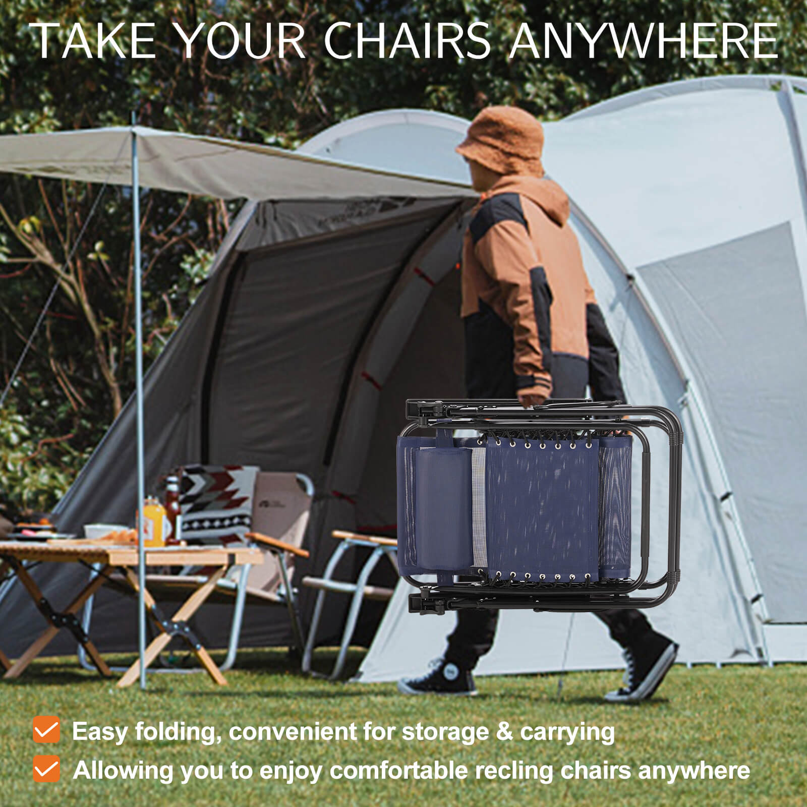 Ergonomic Portable Camping Lounge Chair Set of 2 with Detachable Tray