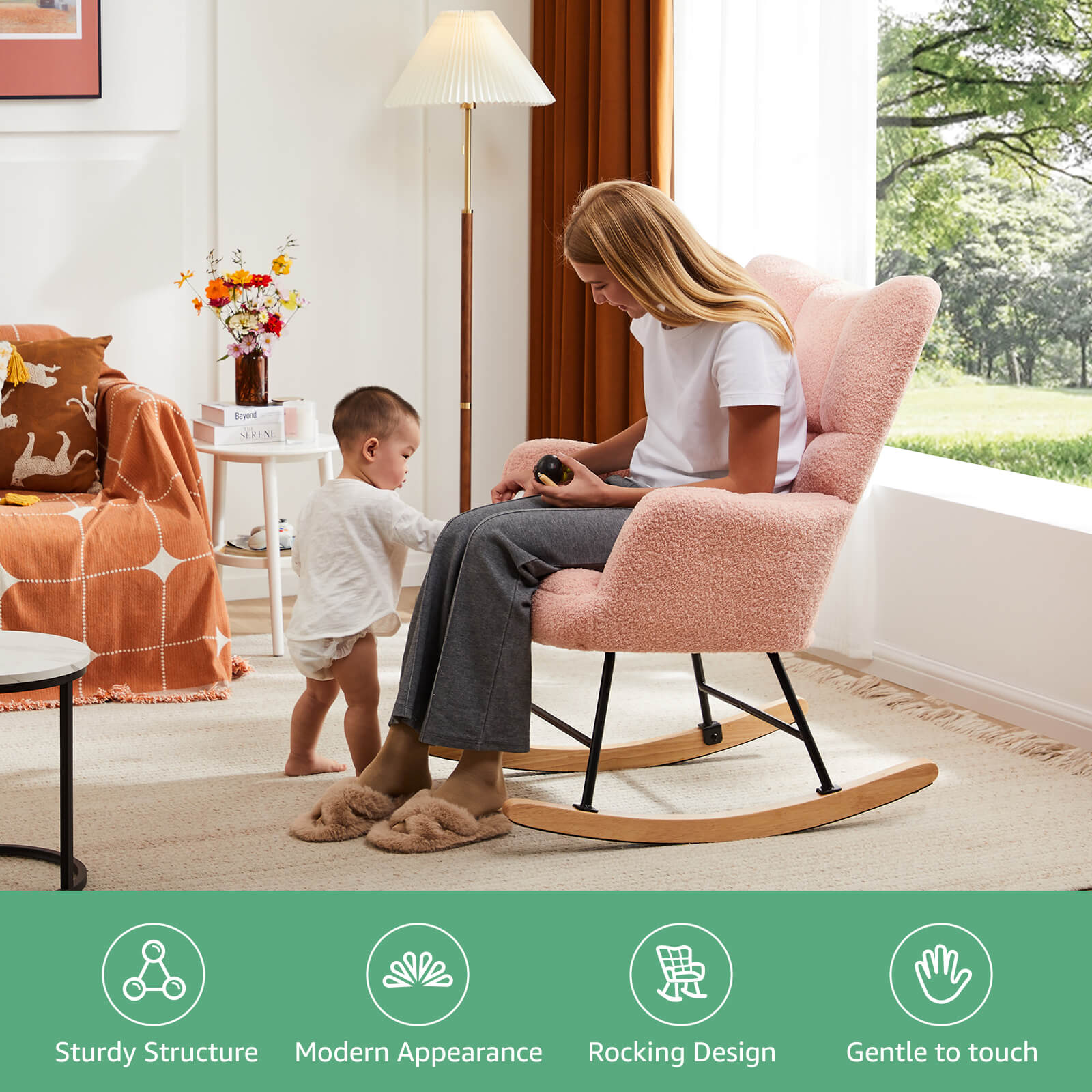 Comfortable Ergonomic Upholstered Rocking Chair for Nursery, Living Room, Baby Feeding