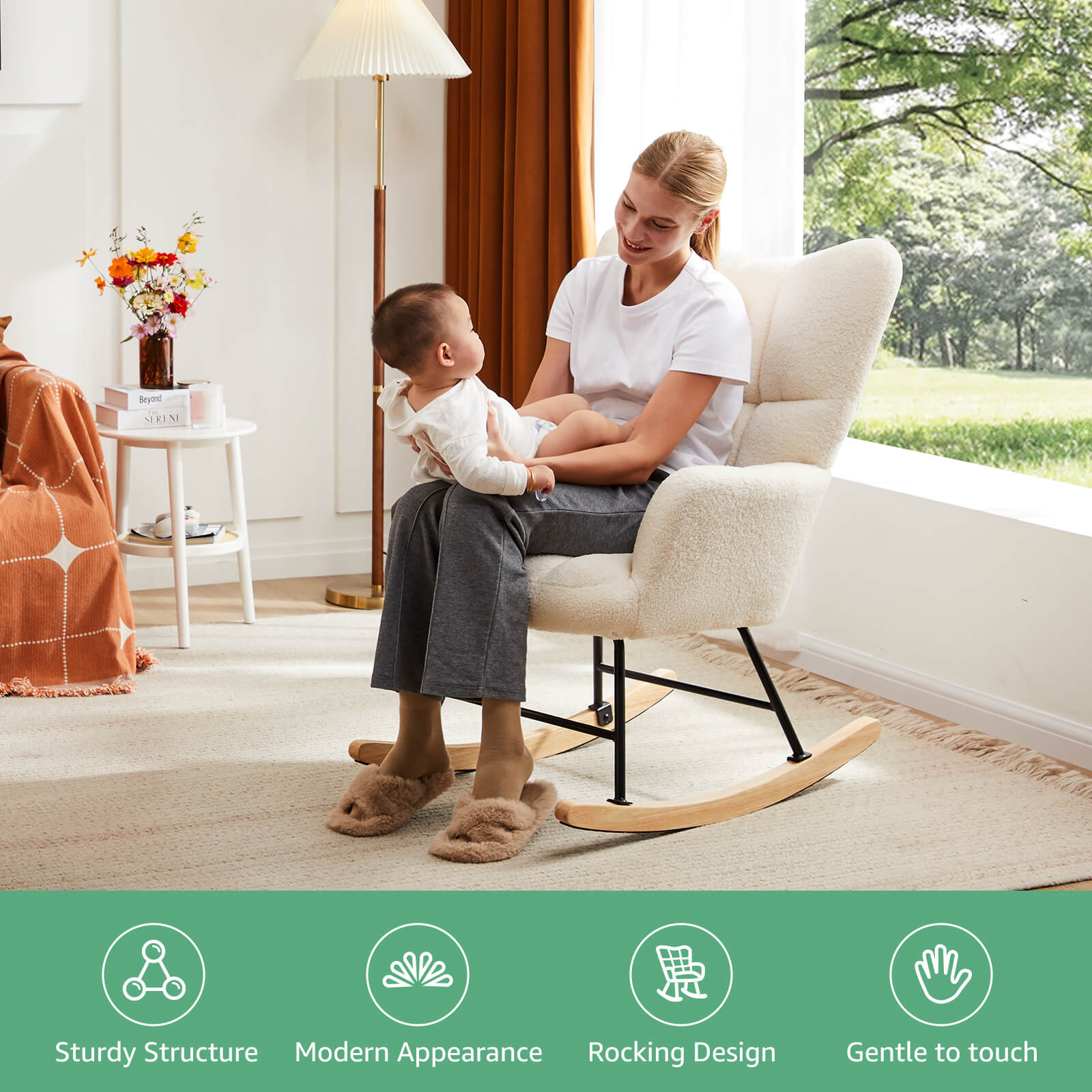 Comfortable Ergonomic Upholstered Rocking Chair for Nursery, Living Room, Baby Feeding