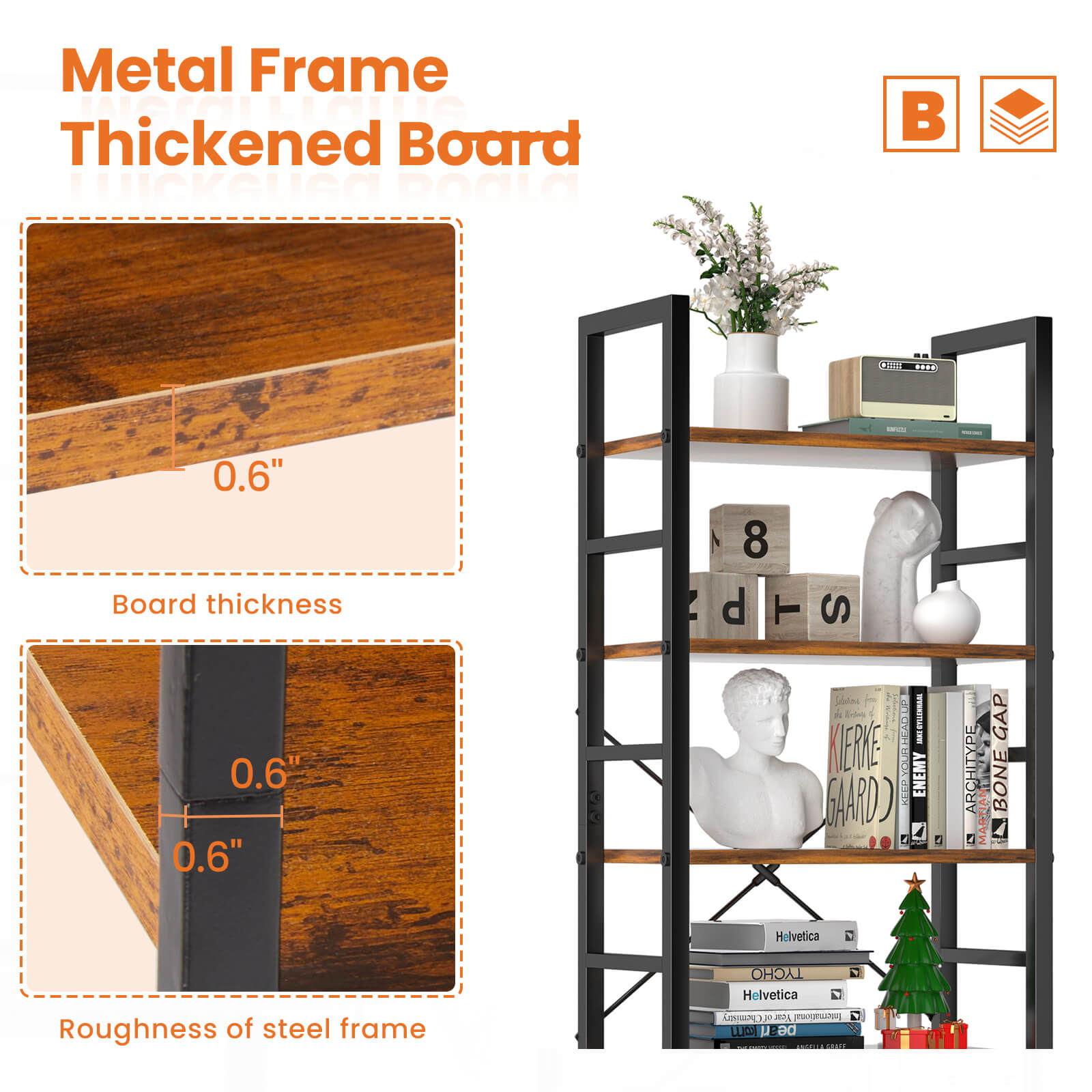 Versatile 5-Tier Bookshelf, Durable Metal Frame, Open Shelves, Modern Minimalist Design