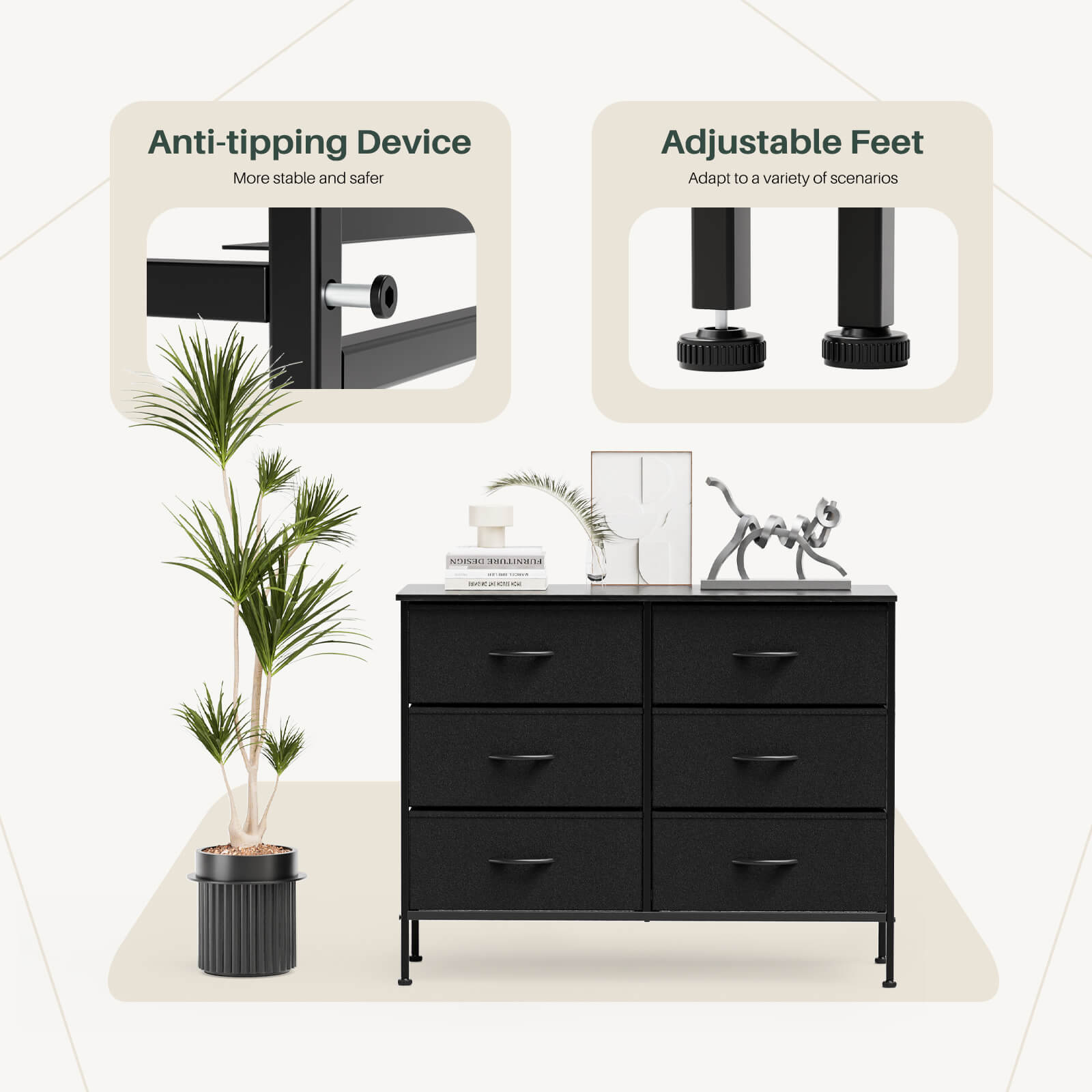 Versatile TV Stand with Six Wide Fabric Storage Drawers for Home