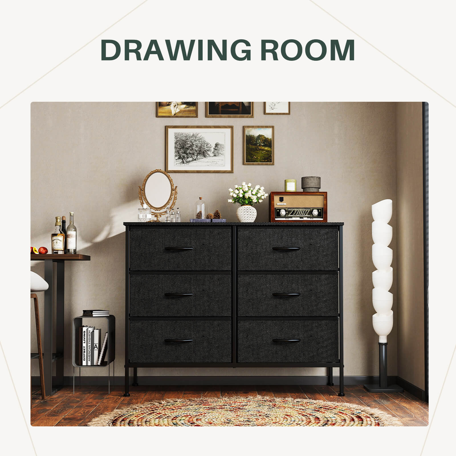 Versatile TV Stand with Six Wide Fabric Storage Drawers for Home