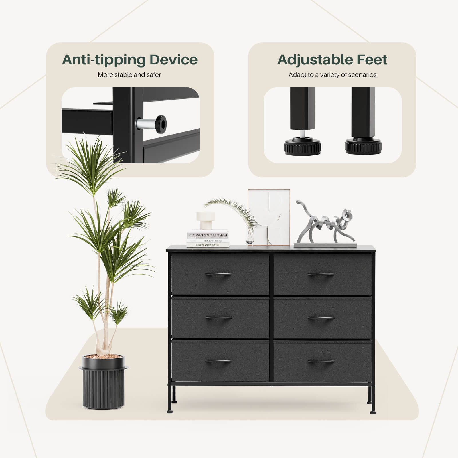 Versatile TV Stand with Six Wide Fabric Storage Drawers for Home