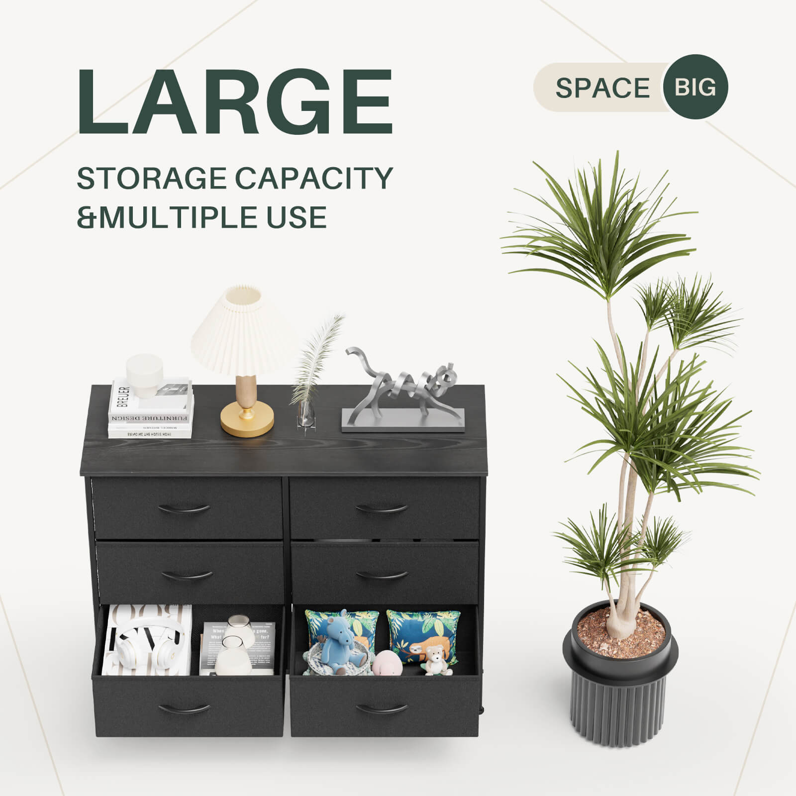 Versatile TV Stand with Six Wide Fabric Storage Drawers for Home