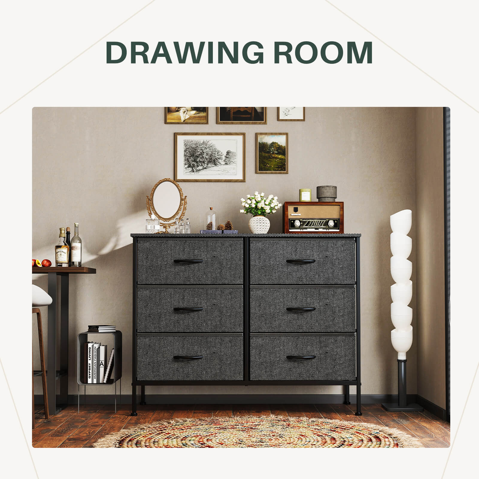 Versatile TV Stand with Six Wide Fabric Storage Drawers for Home