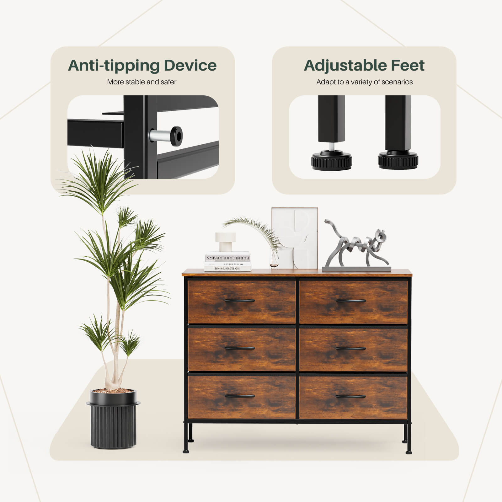Versatile TV Stand with Six Wide Fabric Storage Drawers for Home