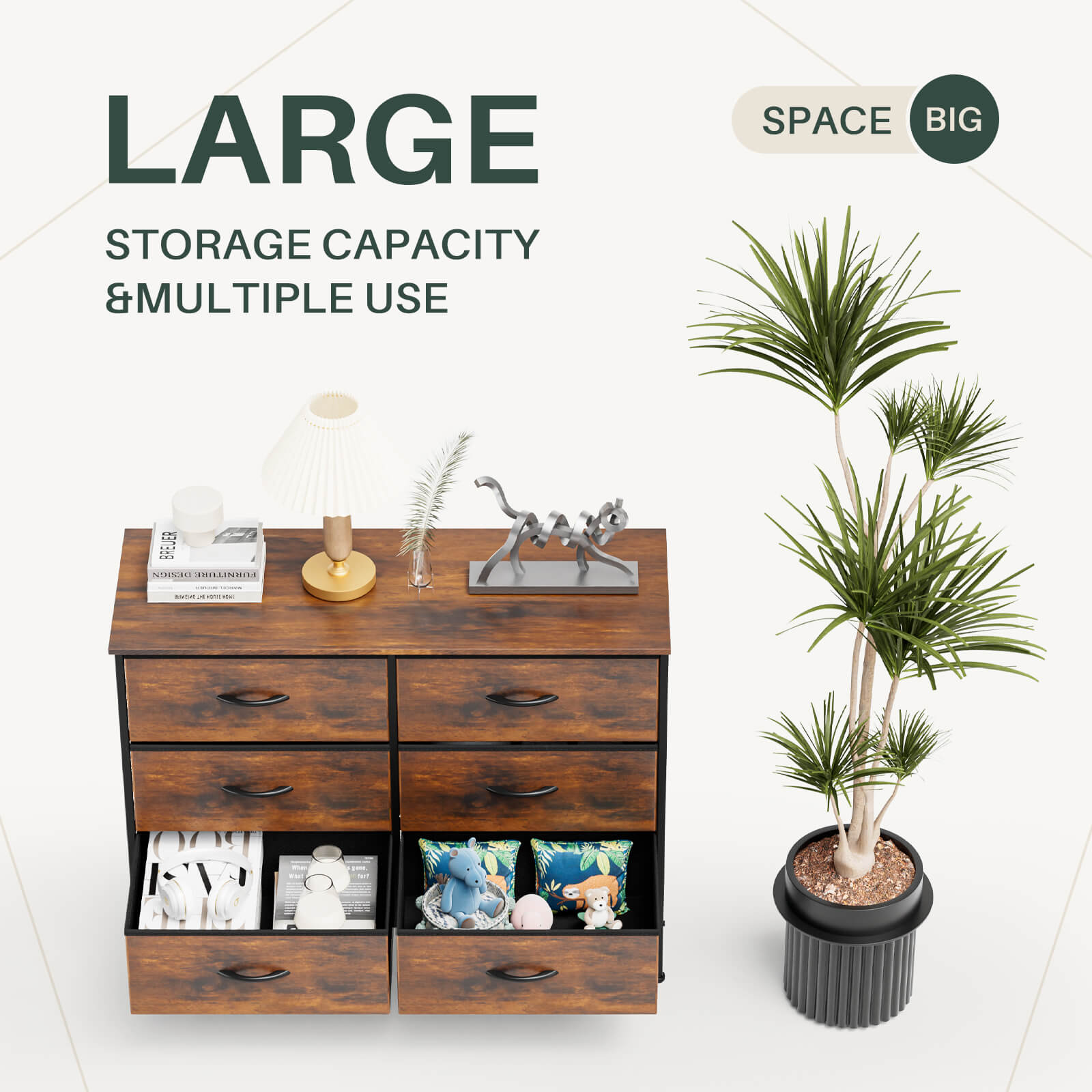 Versatile TV Stand with Six Wide Fabric Storage Drawers for Home