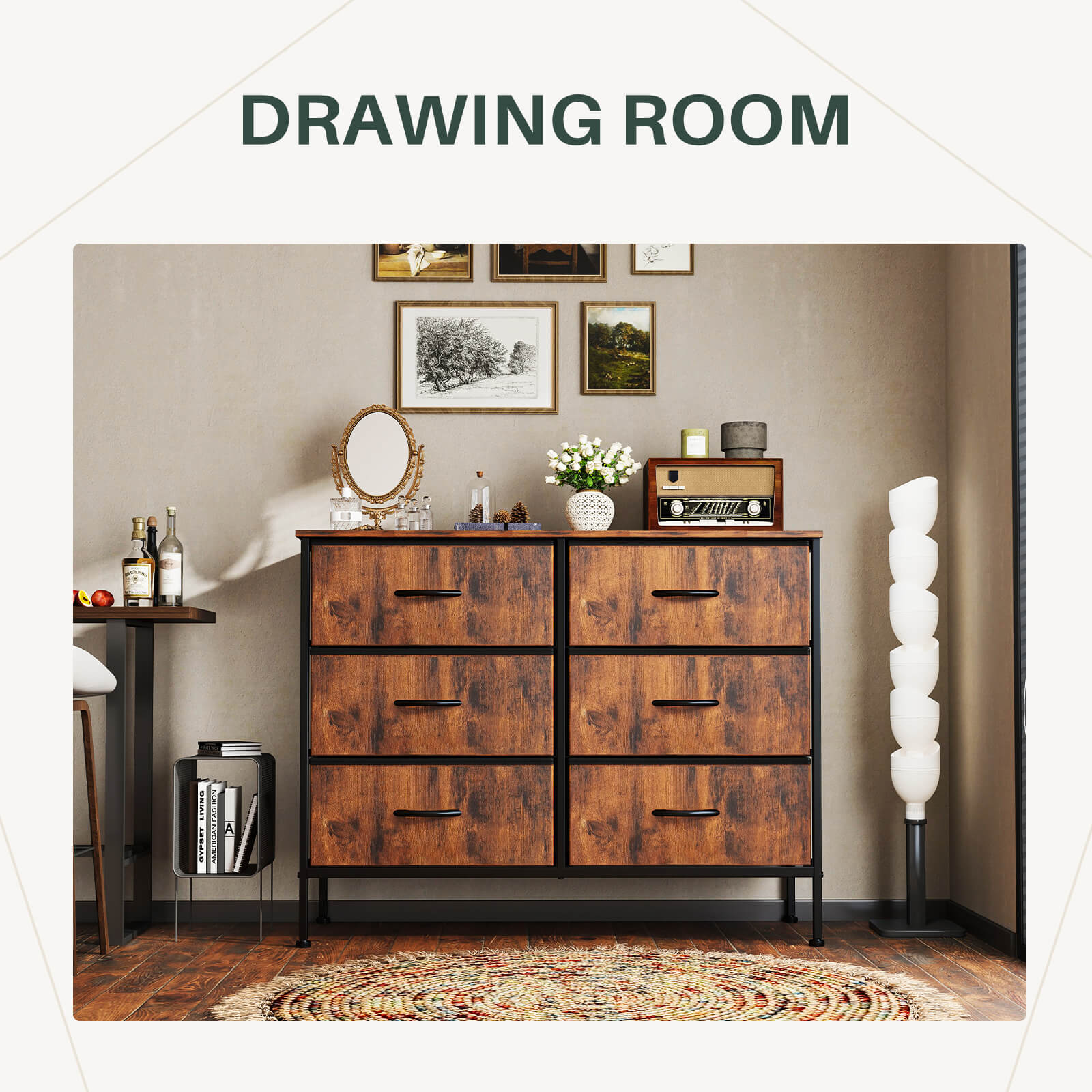 Versatile TV Stand with Six Wide Fabric Storage Drawers for Home