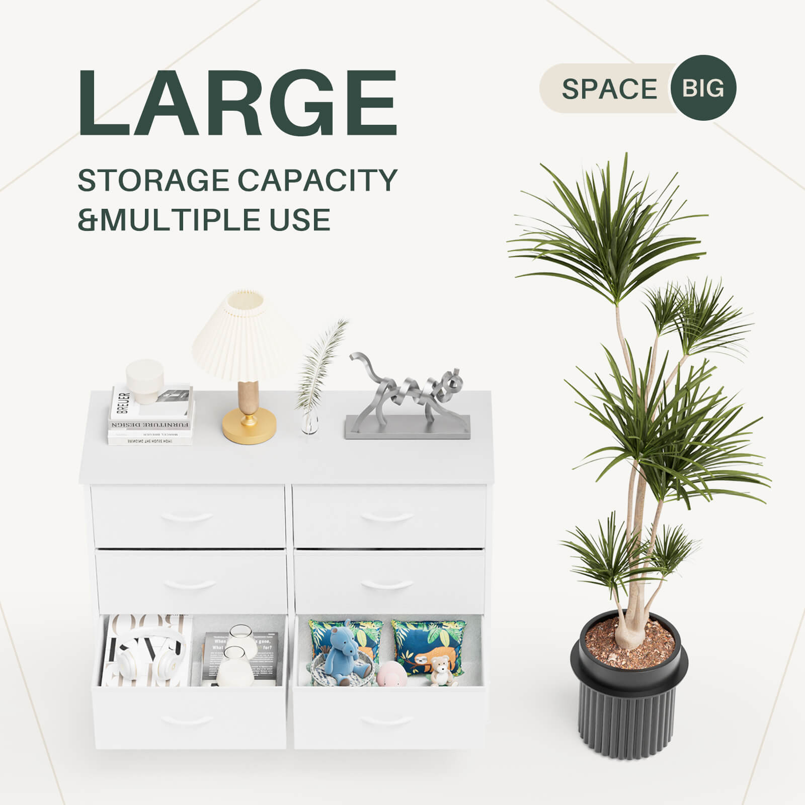 Versatile TV Stand with Six Wide Fabric Storage Drawers for Home
