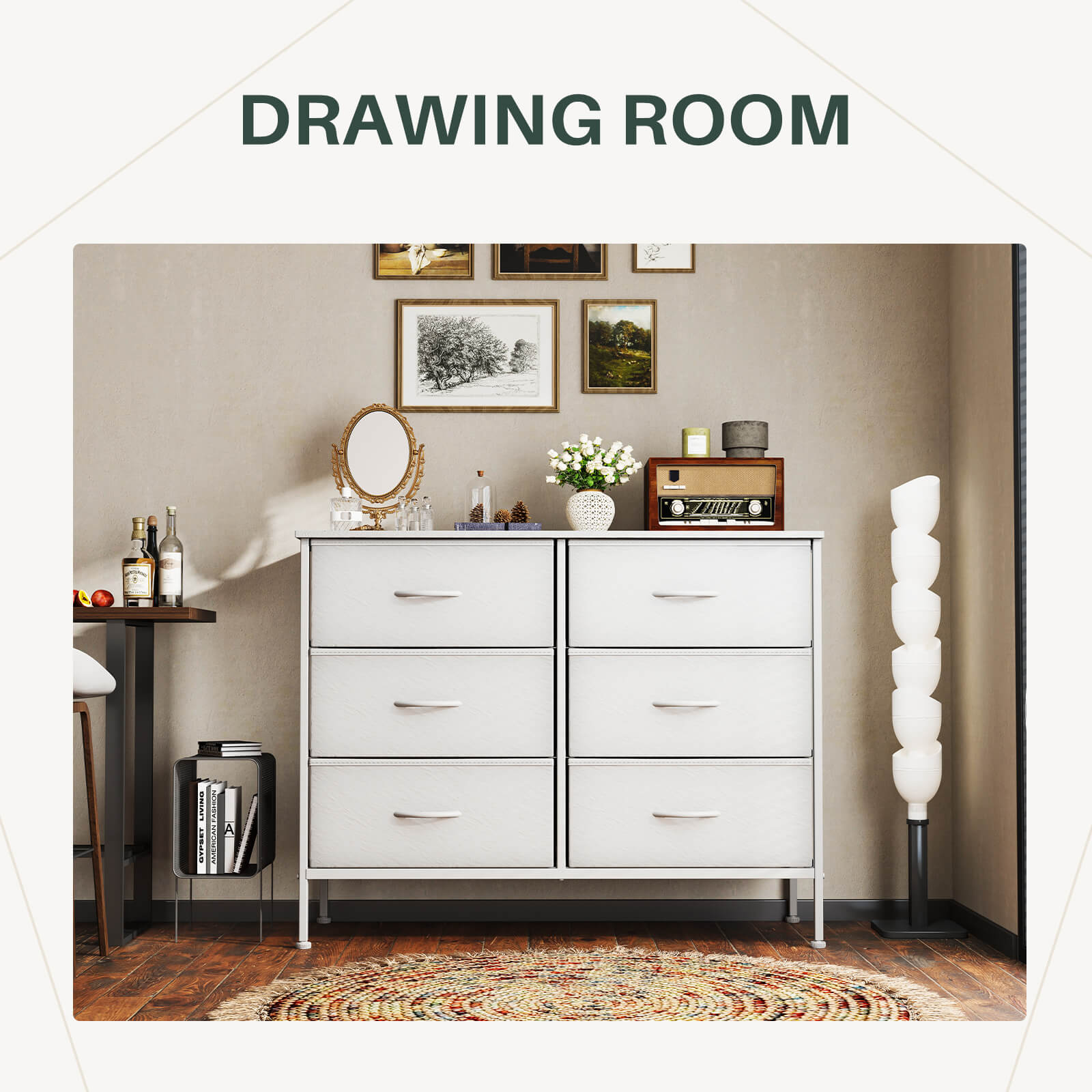 Versatile TV Stand with Six Wide Fabric Storage Drawers for Home