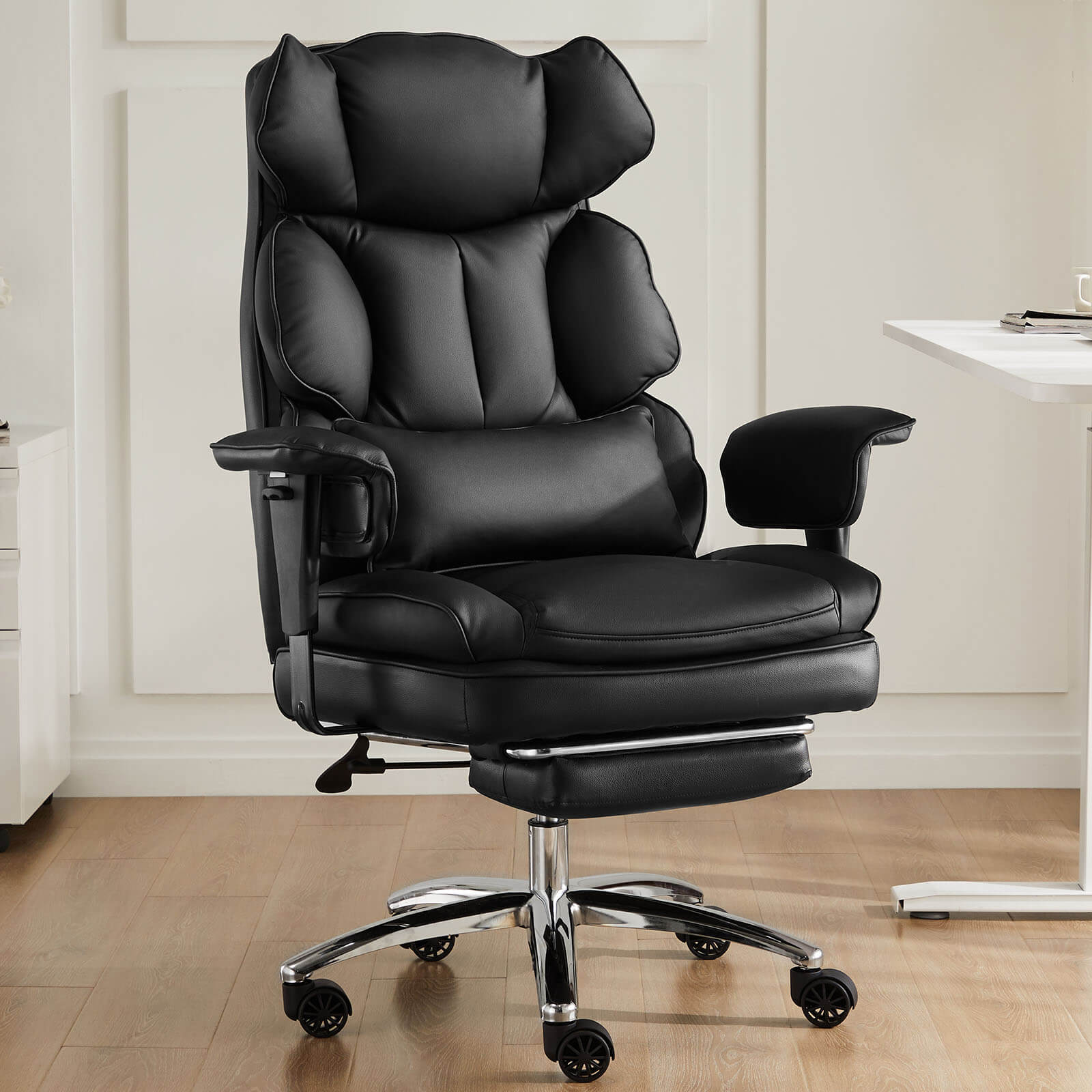 Premium Ergonomic Leather Office Chair with Retractable Leg Rest and Lumbar Support