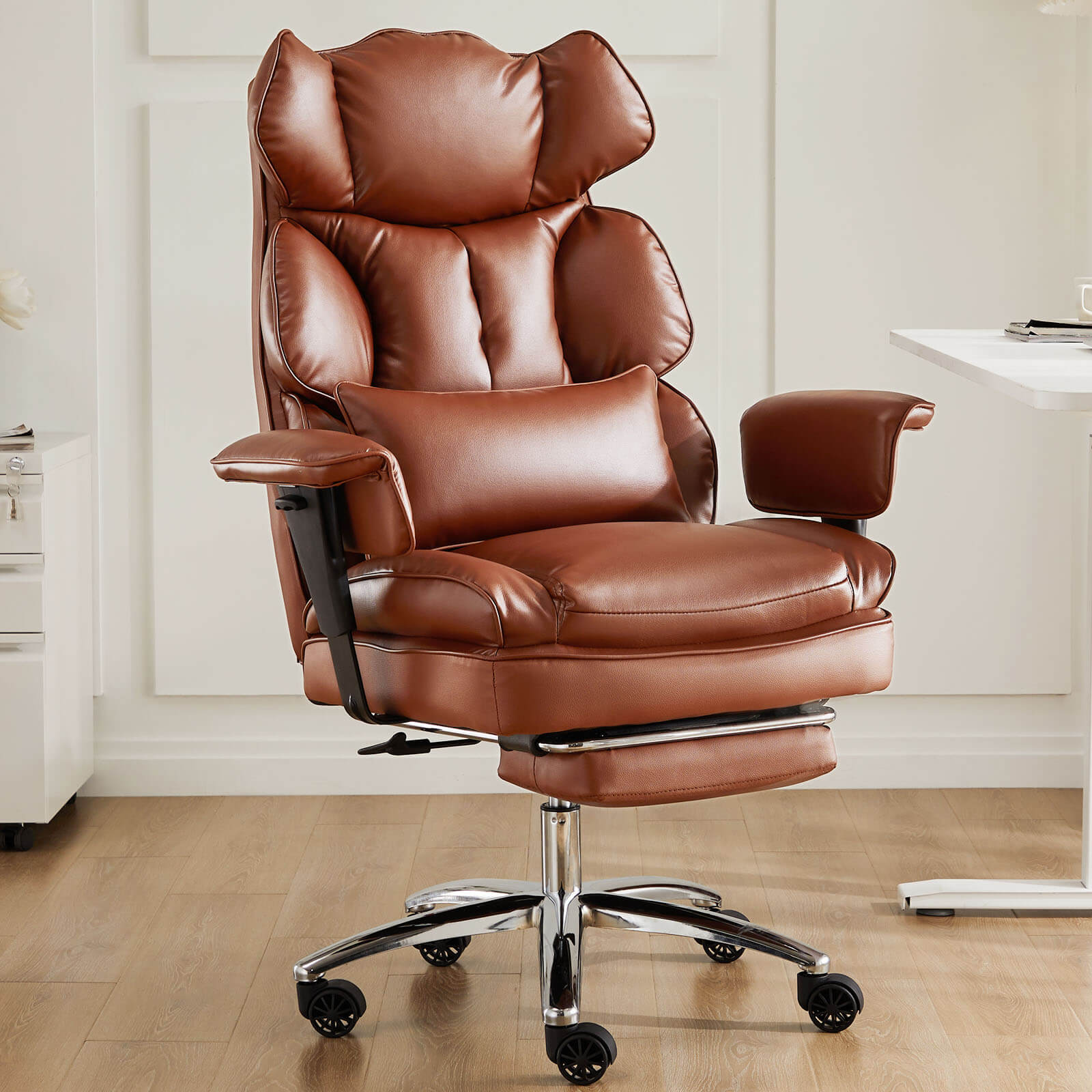 Premium Ergonomic Leather Office Chair with Retractable Leg Rest and Lumbar Support