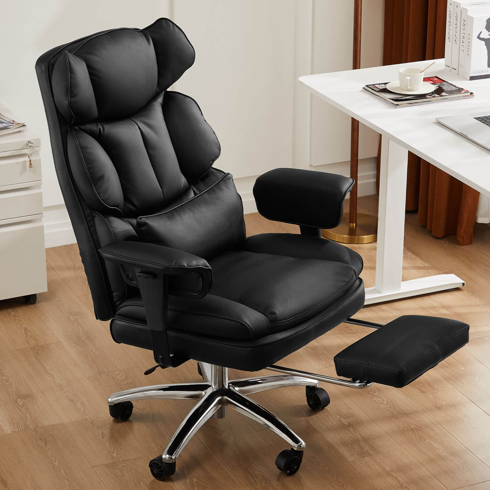 Premium Ergonomic Leather Office Chair with Retractable Leg Rest and Lumbar Support