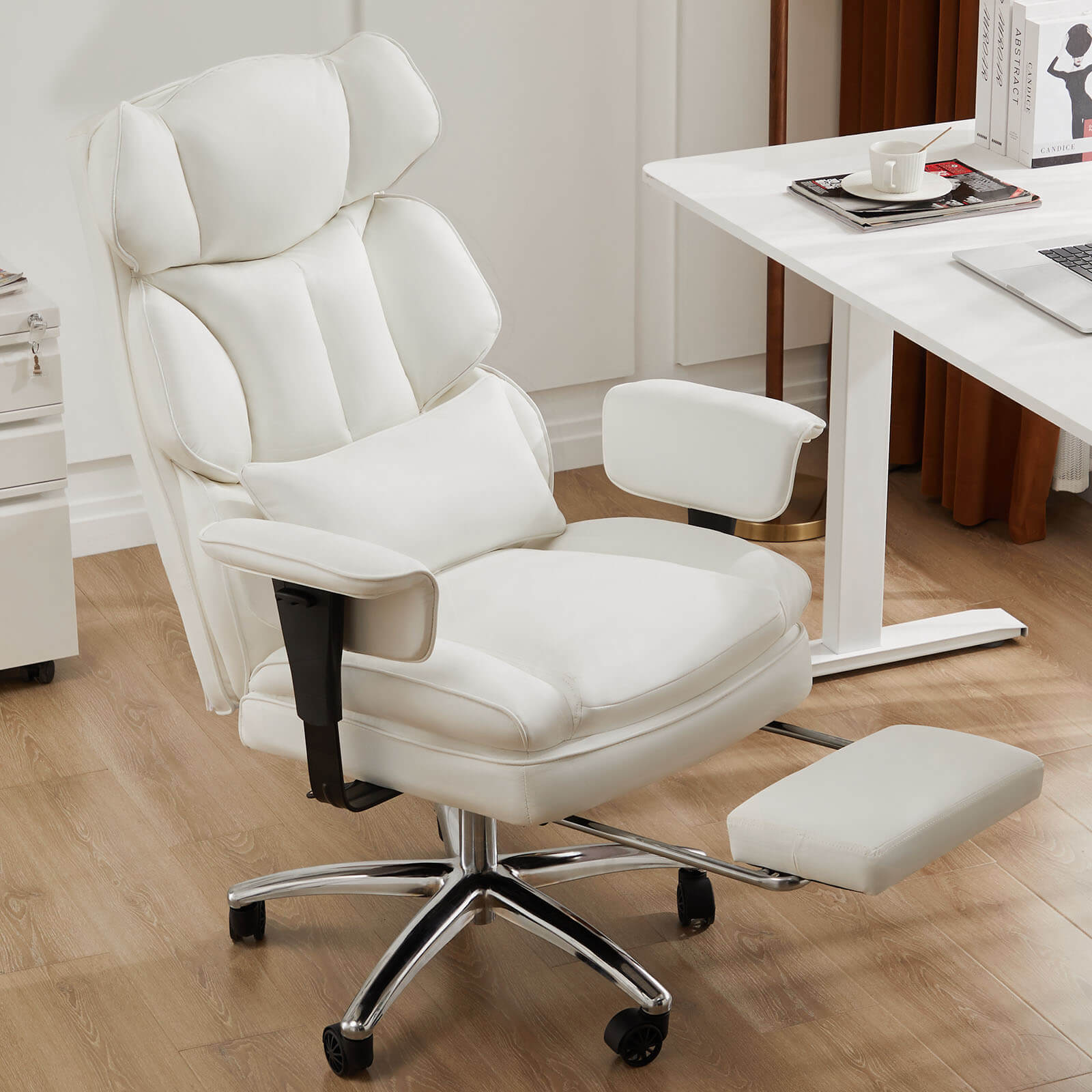 Premium Ergonomic Leather Office Chair with Retractable Leg Rest and Lumbar Support