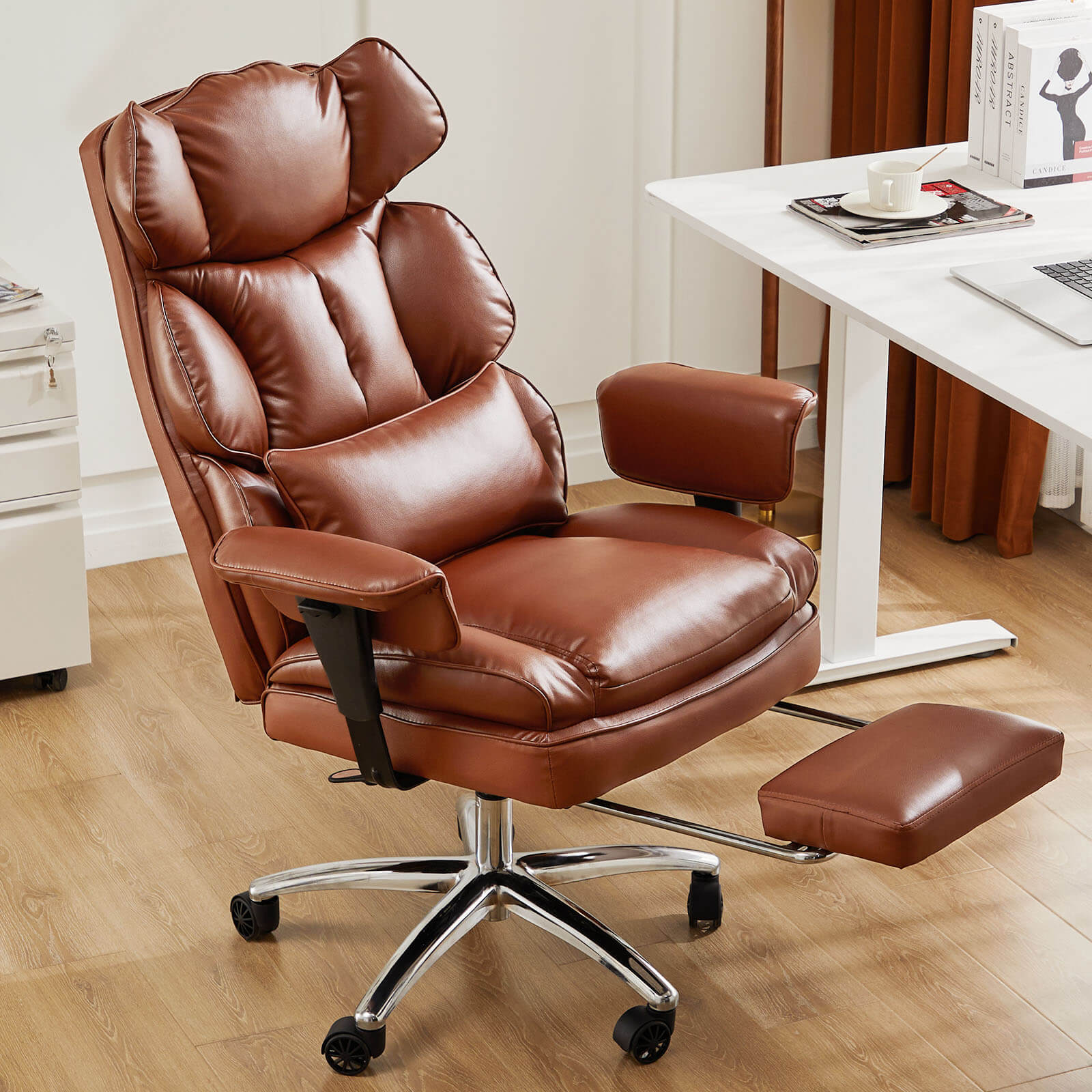 Premium Ergonomic Leather Office Chair with Retractable Leg Rest and Lumbar Support