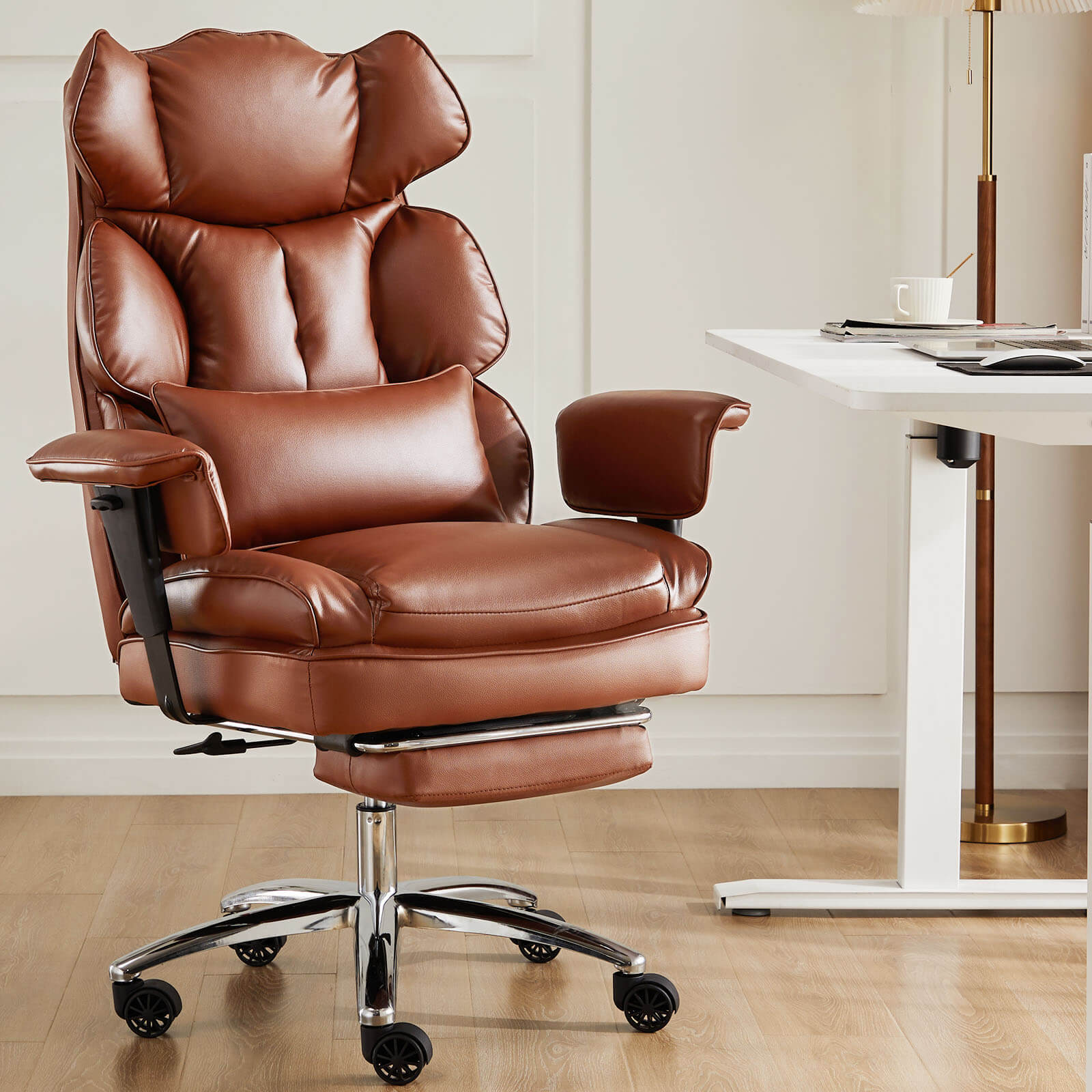 Premium Ergonomic Leather Office Chair with Retractable Leg Rest and Lumbar Support