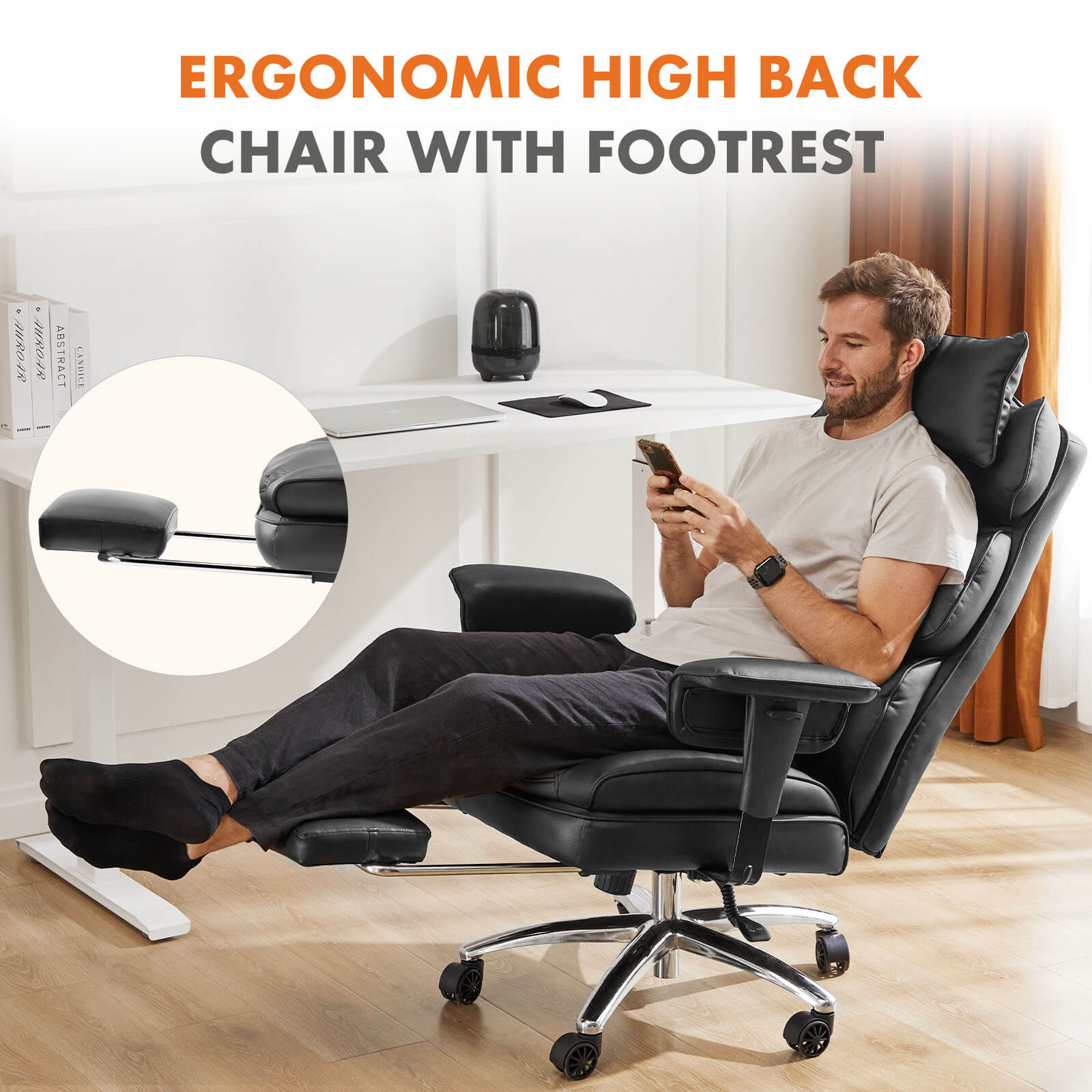 Premium Ergonomic Leather Office Chair with Retractable Leg Rest and Lumbar Support