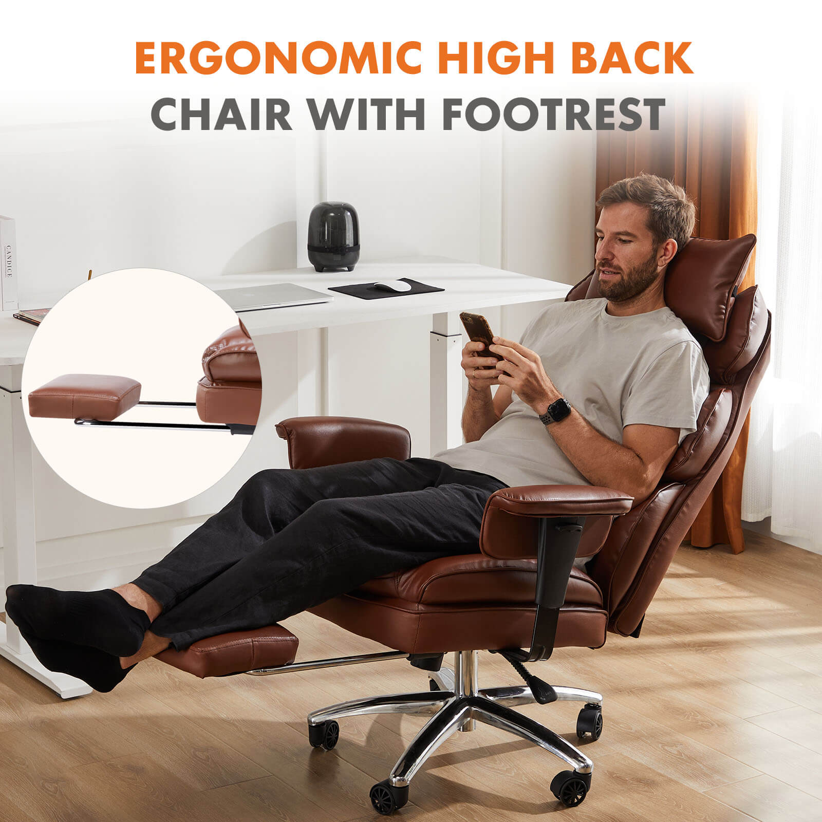 Premium Ergonomic Leather Office Chair with Retractable Leg Rest and Lumbar Support