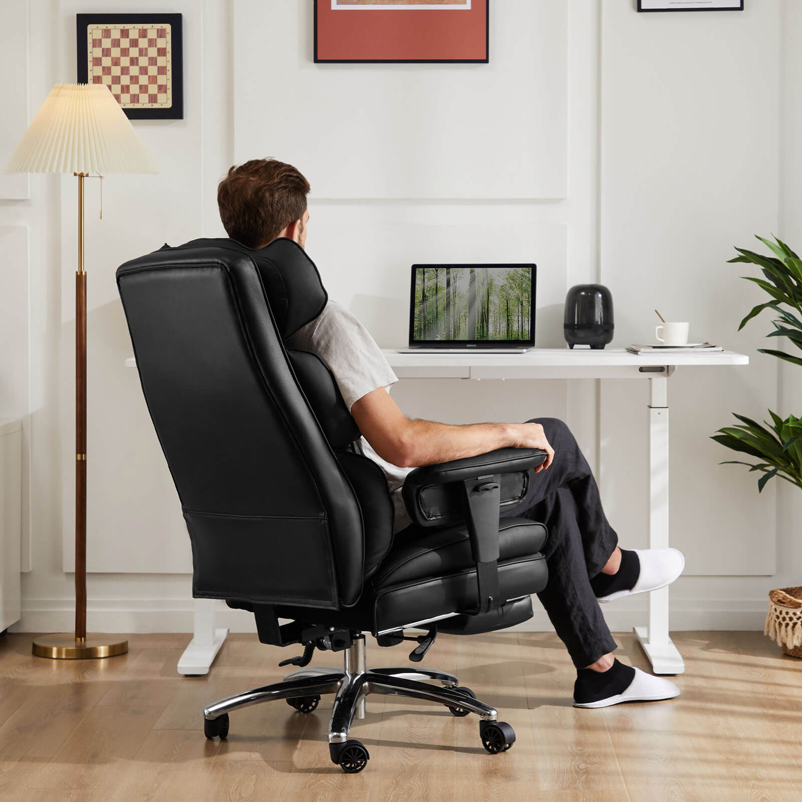 Premium Ergonomic Leather Office Chair with Retractable Leg Rest and Lumbar Support