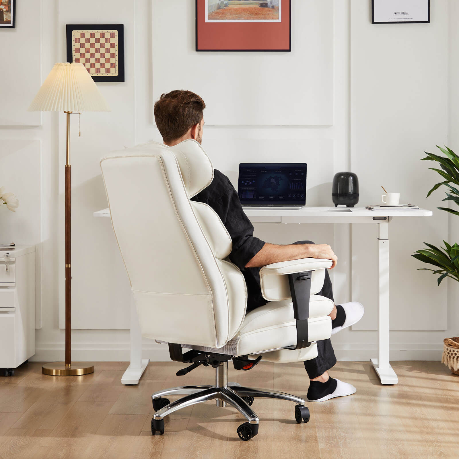 Premium Ergonomic Leather Office Chair with Retractable Leg Rest and Lumbar Support