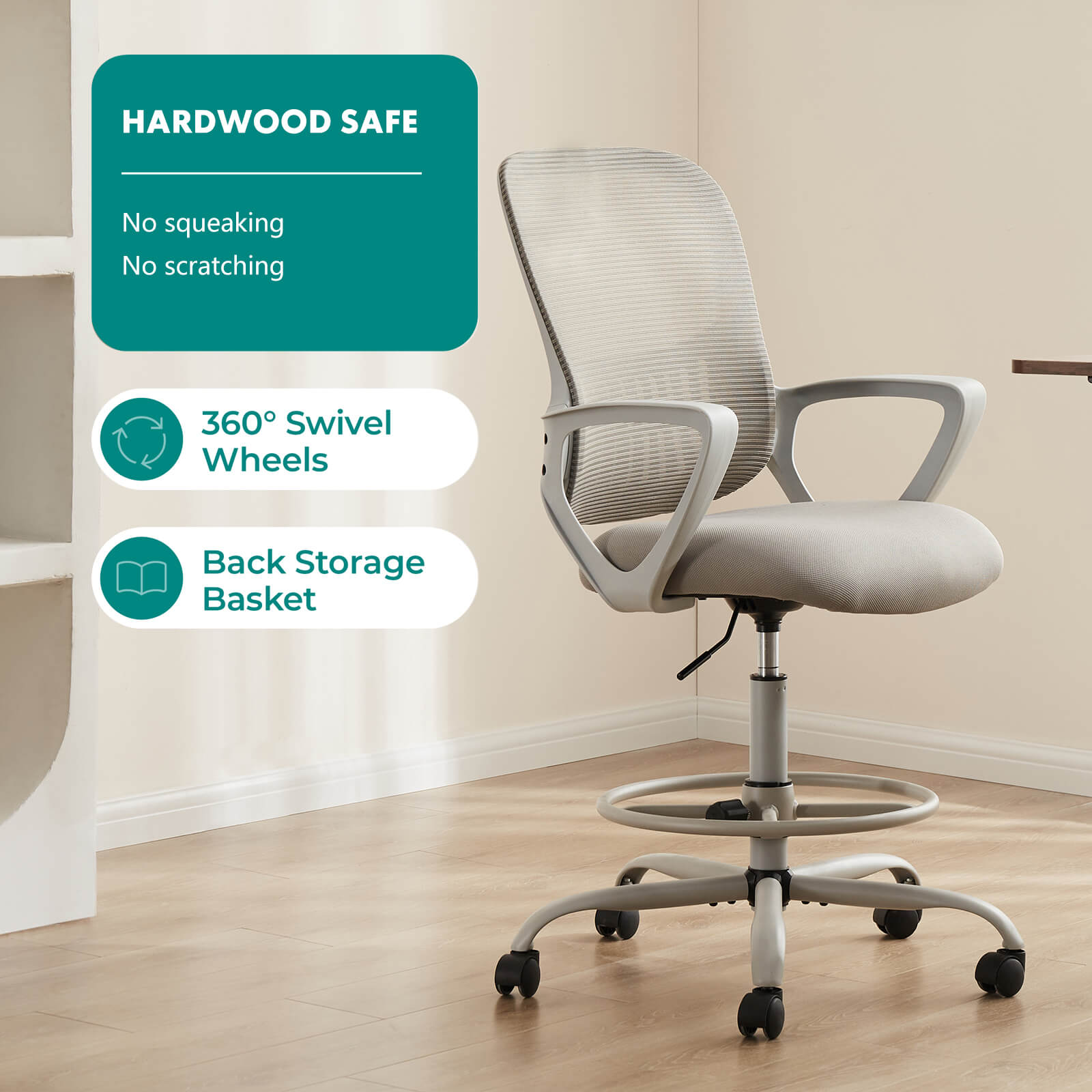 Ergonomic Tall Drafting Office Chair with Adjustable Footrest and Lumbar Support