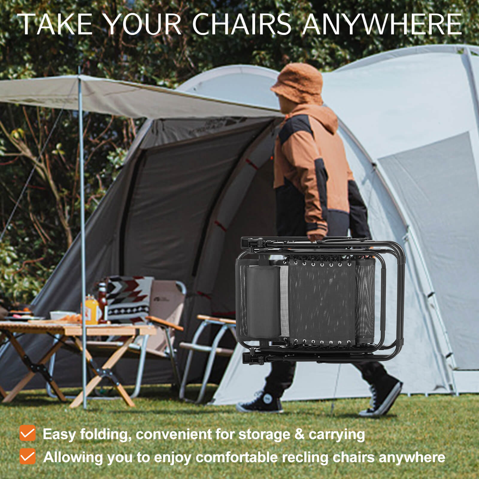 Ergonomic Portable Camping Lounge Chair Set of 2 with Detachable Tray