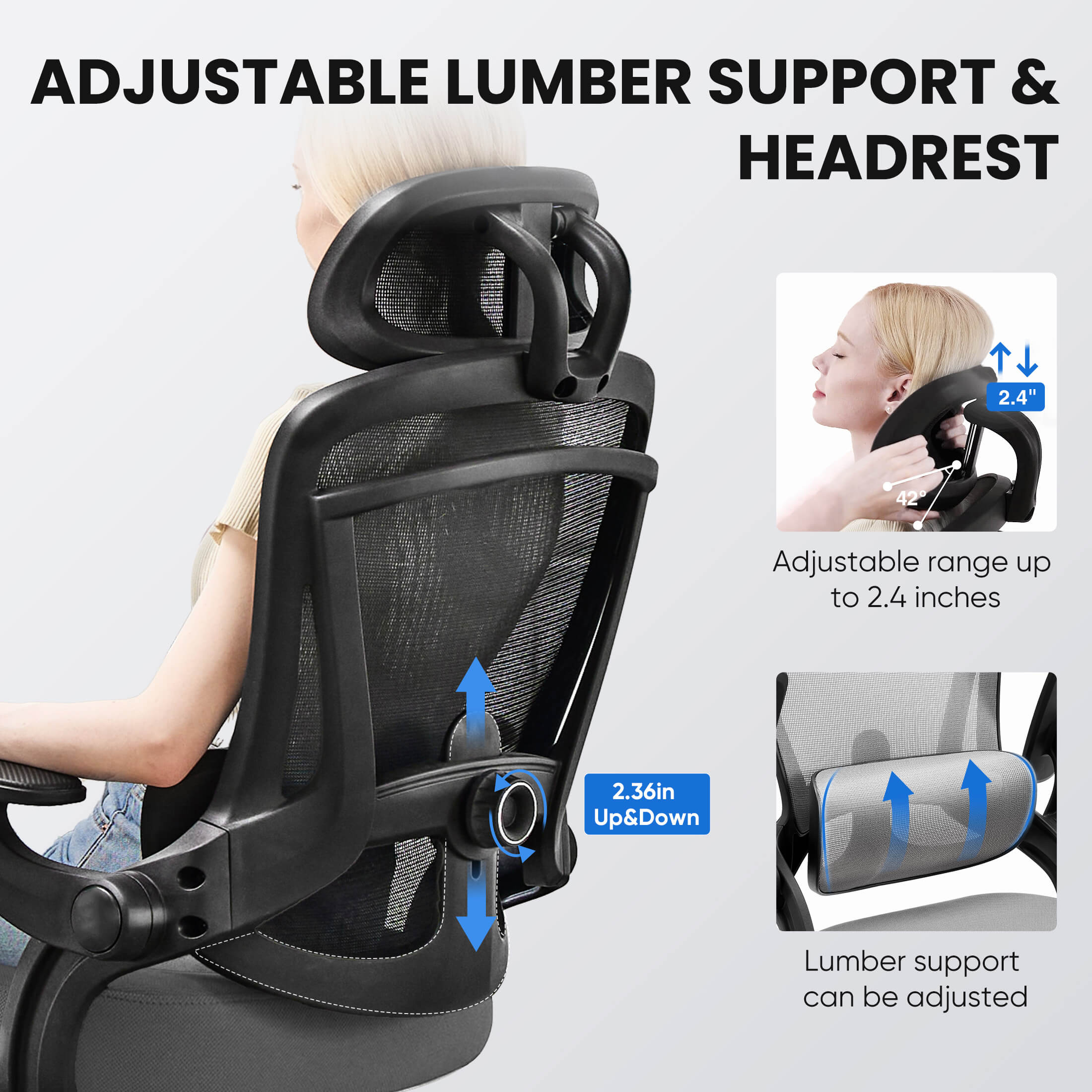 Ergonomic Office Chair with Adjustable Lumbar Support, Flip-Up Armrests, Breathable Mesh