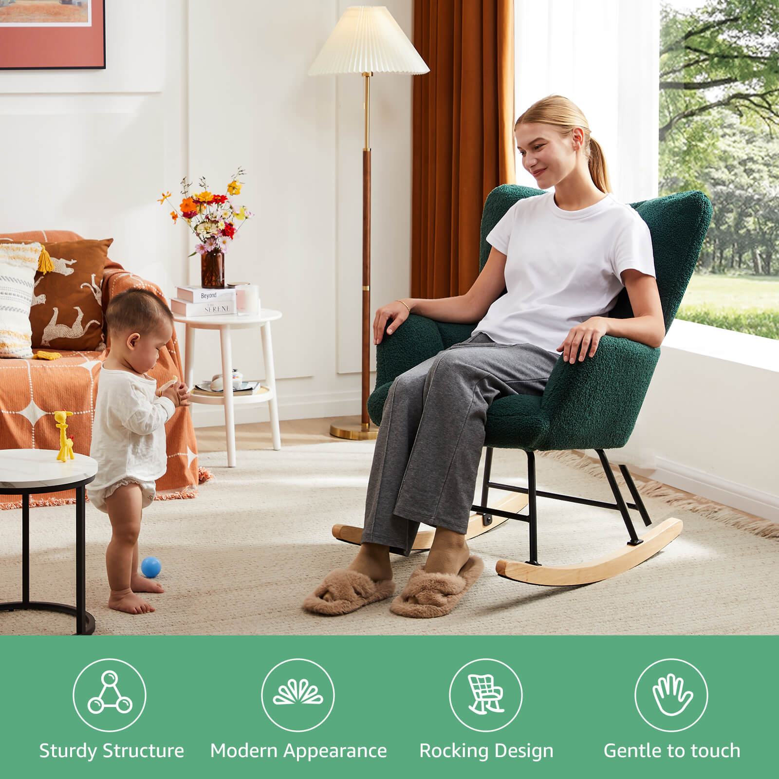 Comfortable Ergonomic Upholstered Rocking Chair for Nursery, Living Room, Baby Feeding