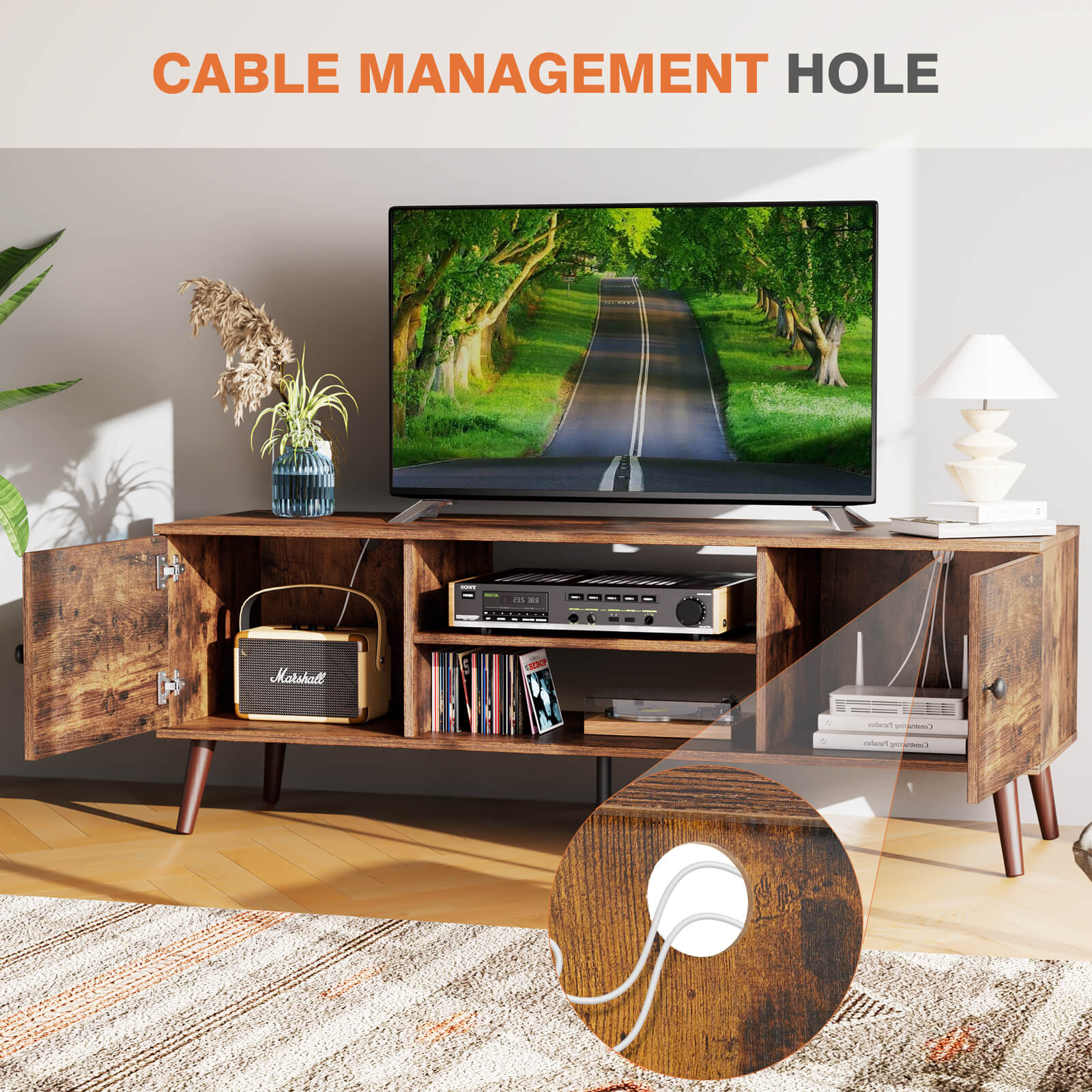 Modern Wooden TV Stand, 60-inch, Adjustable Shelves, Double Storage Cabinets