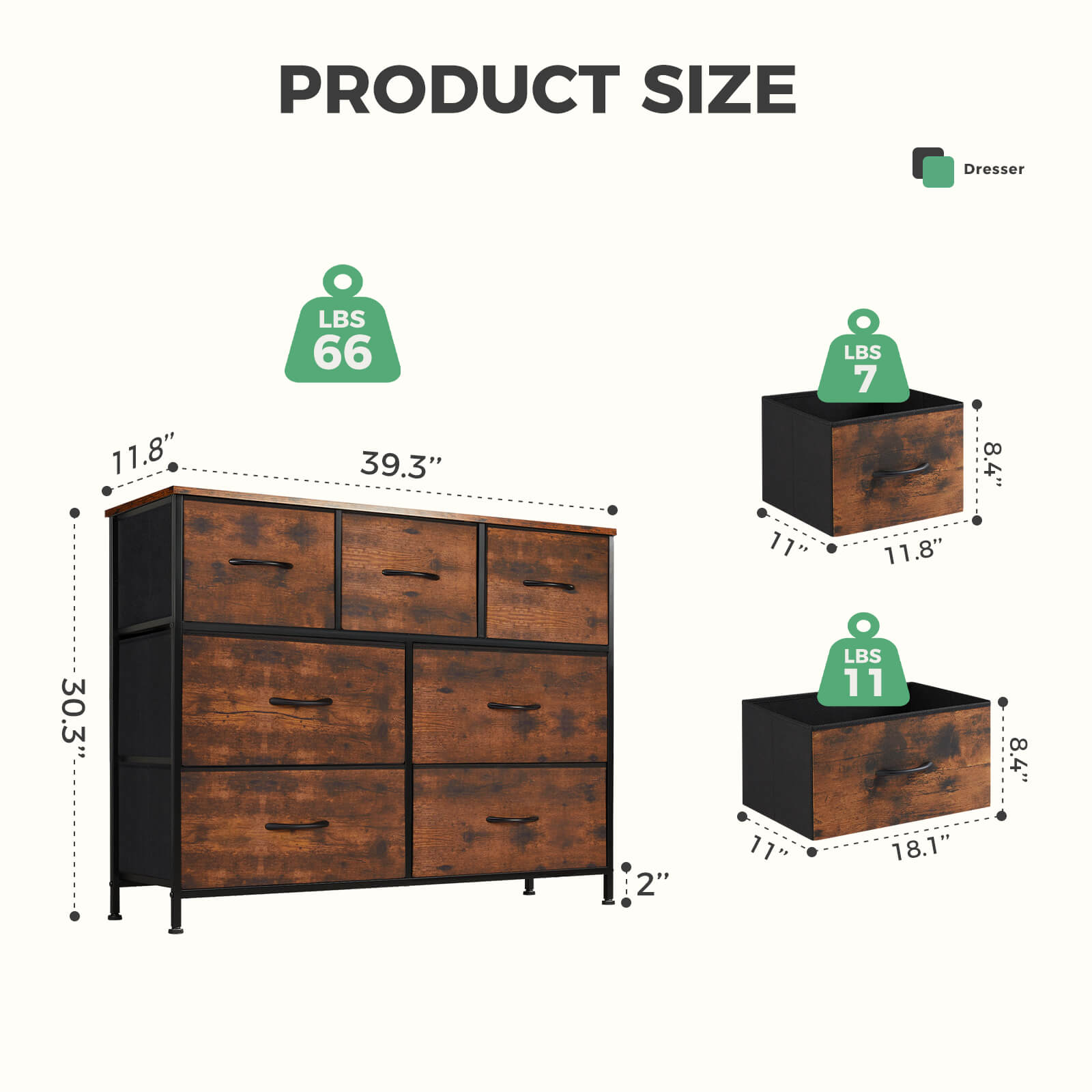 Versatile Wooden Top Dresser with 7 Fabric Drawers for Bedroom and Living Room Storage