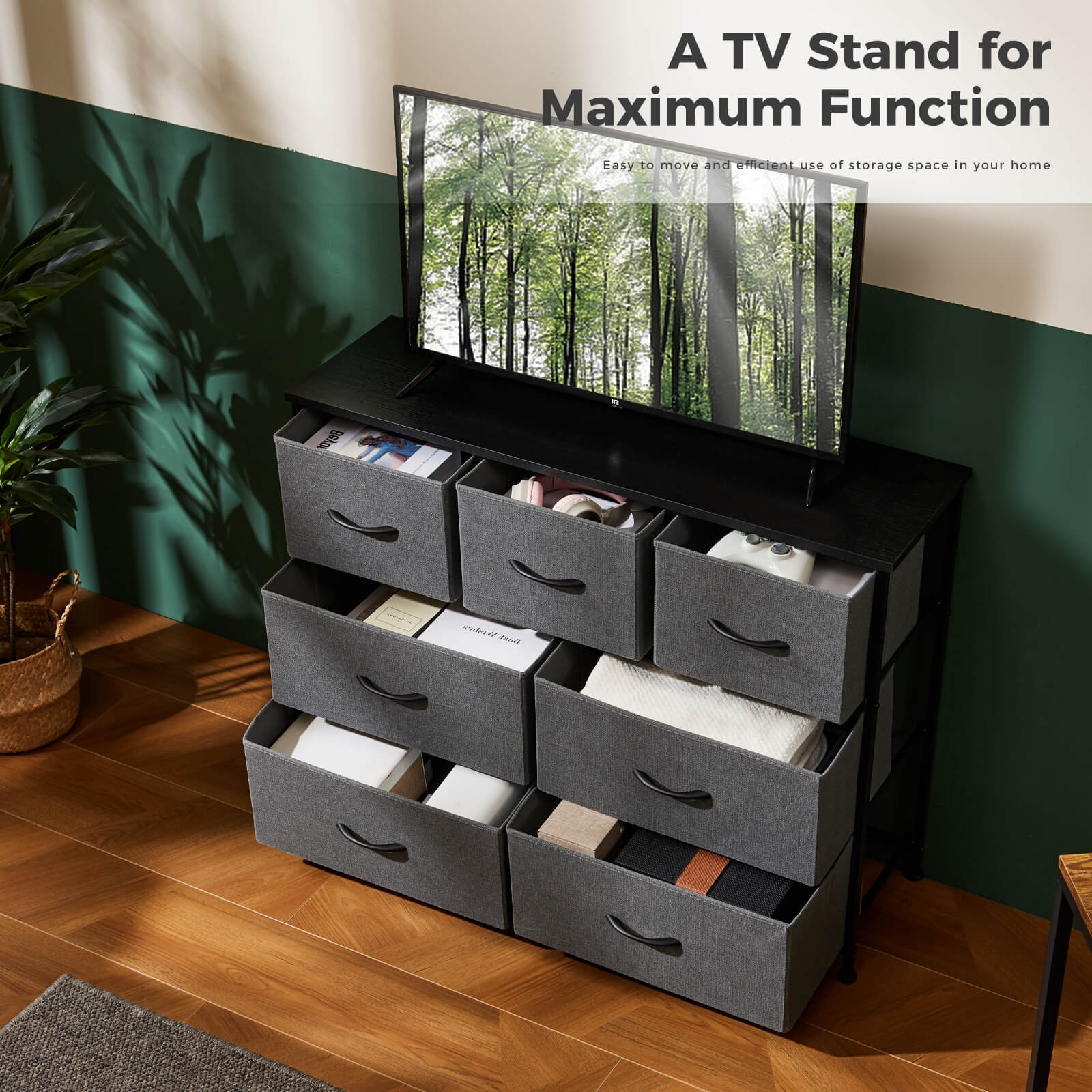 Versatile Wooden Top Dresser with 7 Fabric Drawers for Bedroom and Living Room Storage
