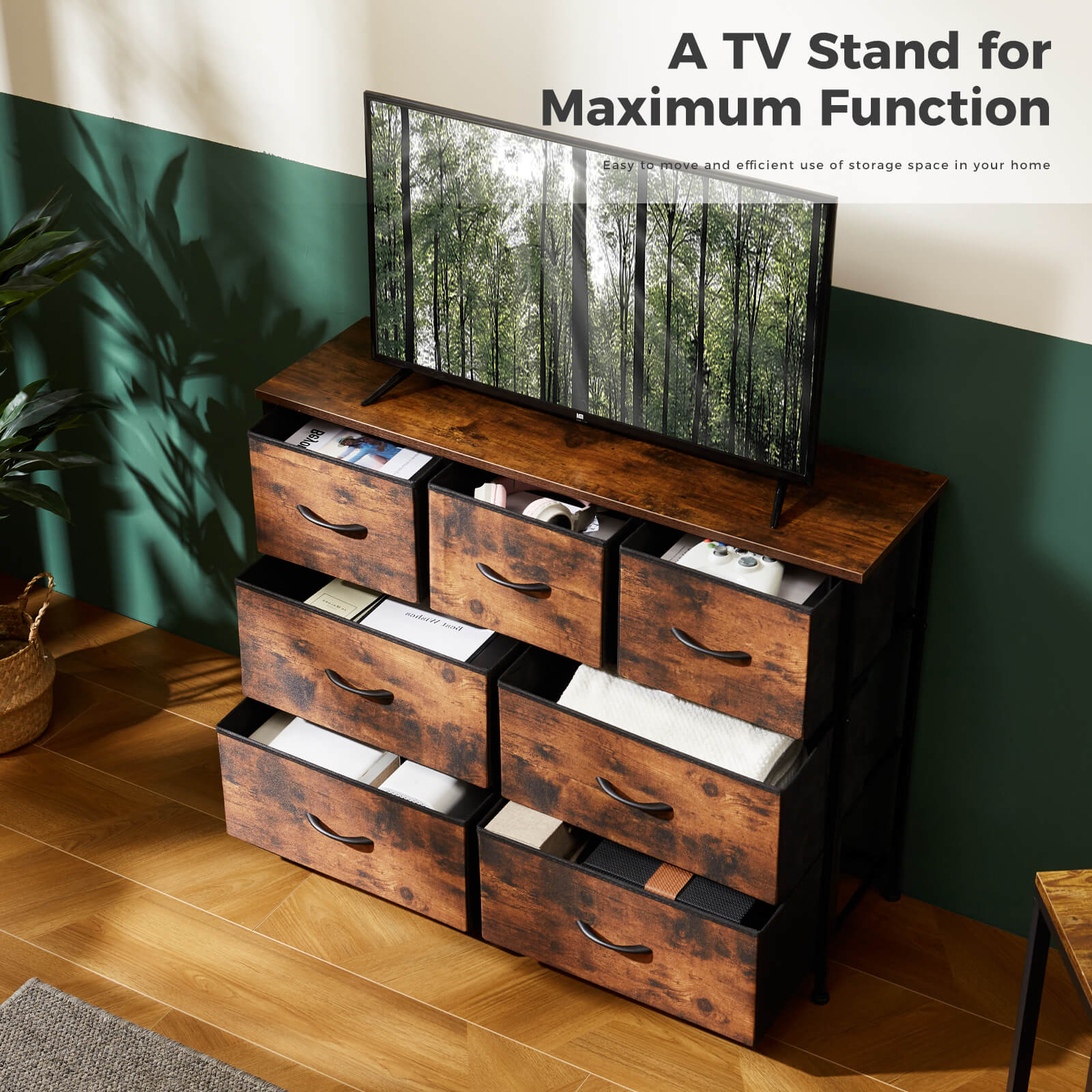 Versatile Wooden Top Dresser with 7 Fabric Drawers for Bedroom and Living Room Storage