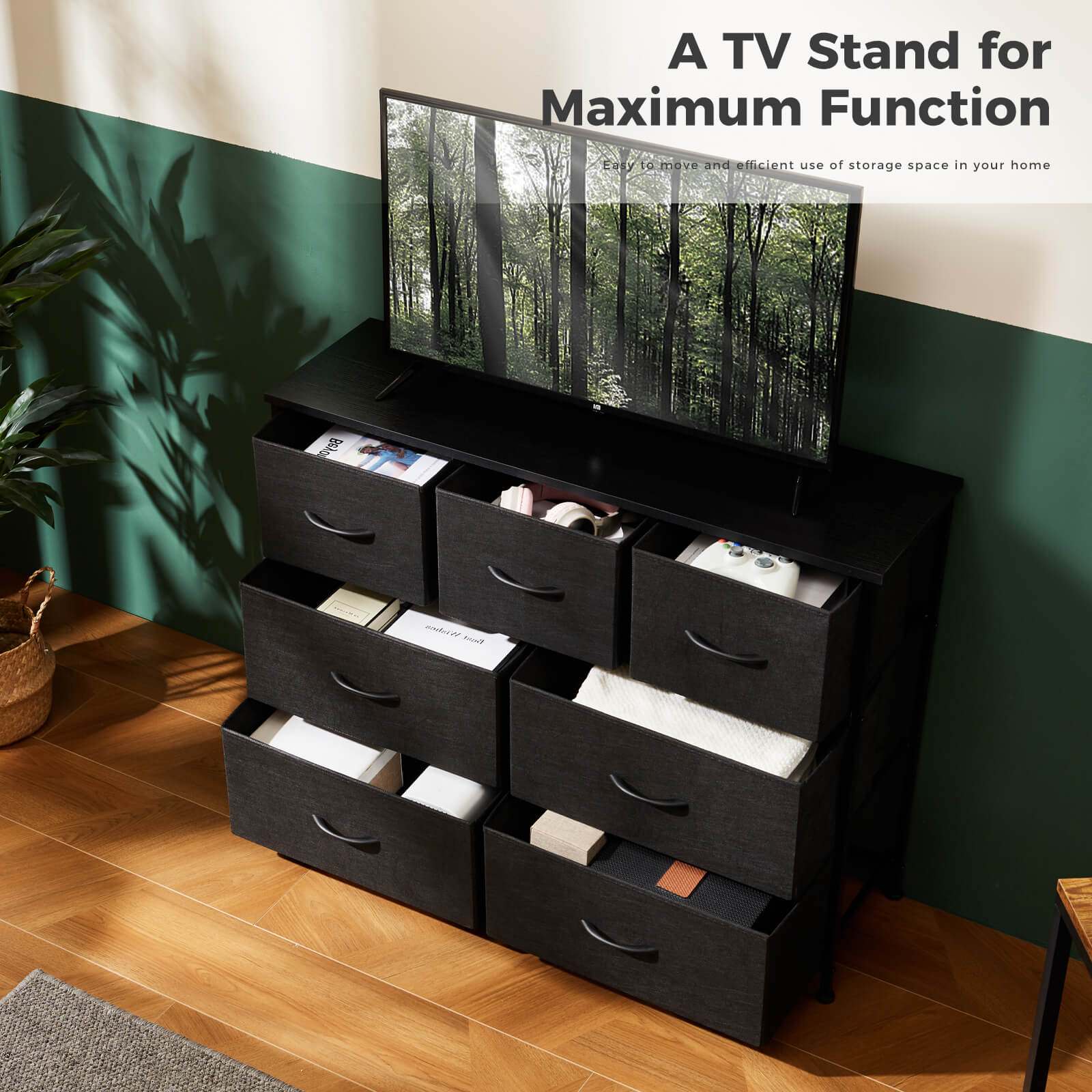 Versatile Wooden Top Dresser with 7 Fabric Drawers for Bedroom and Living Room Storage