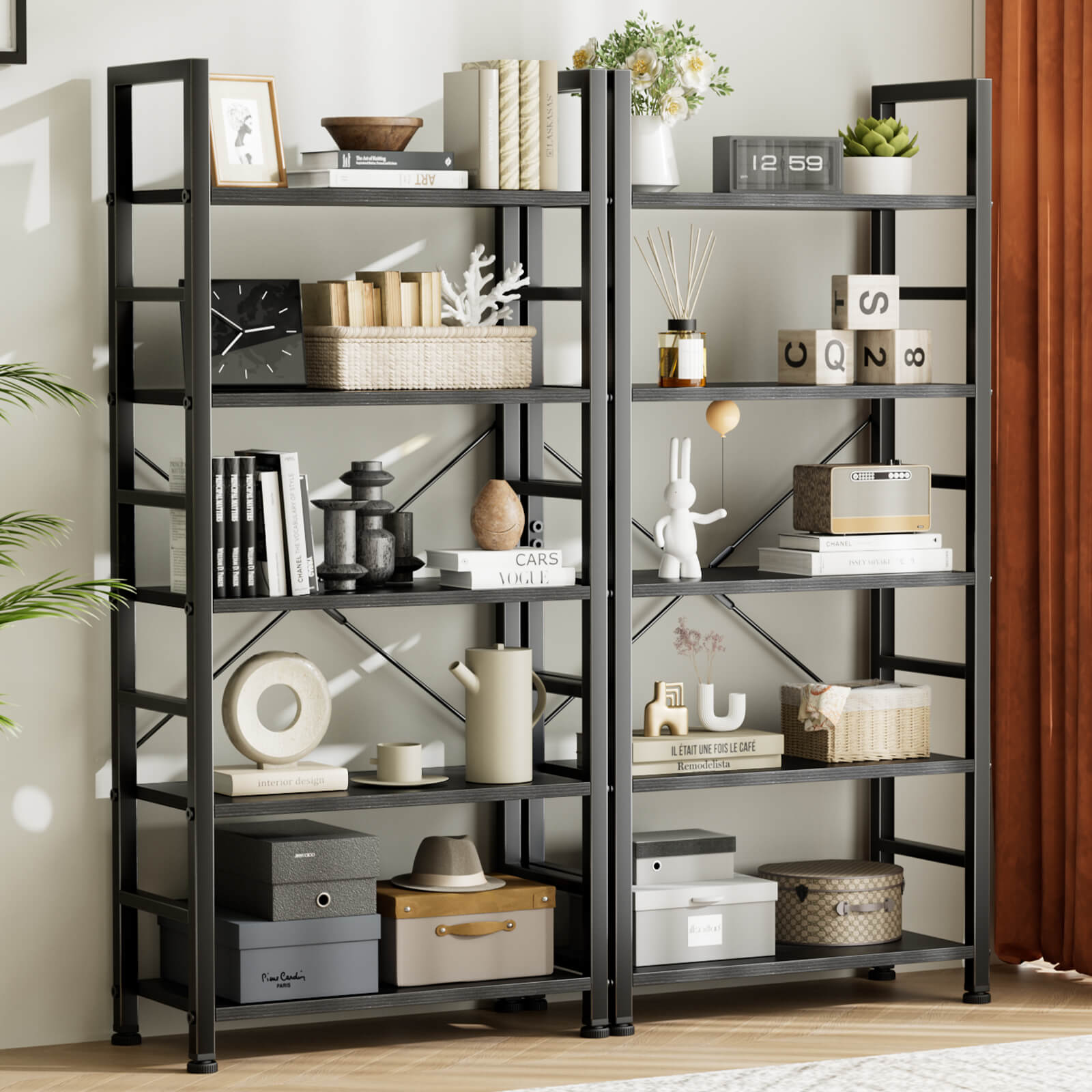 Versatile 5-Tier Bookshelf, Durable Metal Frame, Open Shelves, Modern Minimalist Design