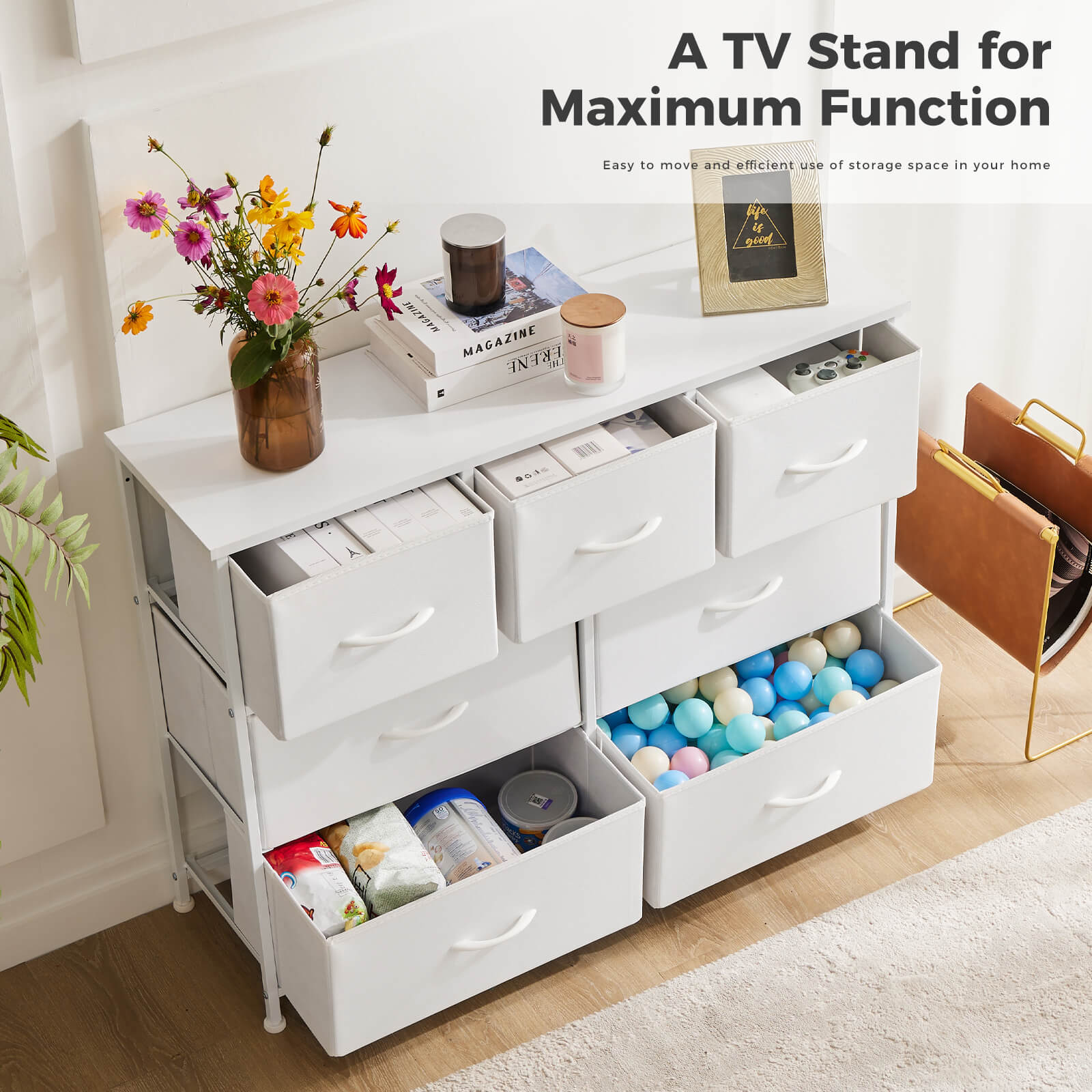 Versatile Wooden Top Dresser with 7 Fabric Drawers for Bedroom and Living Room Storage