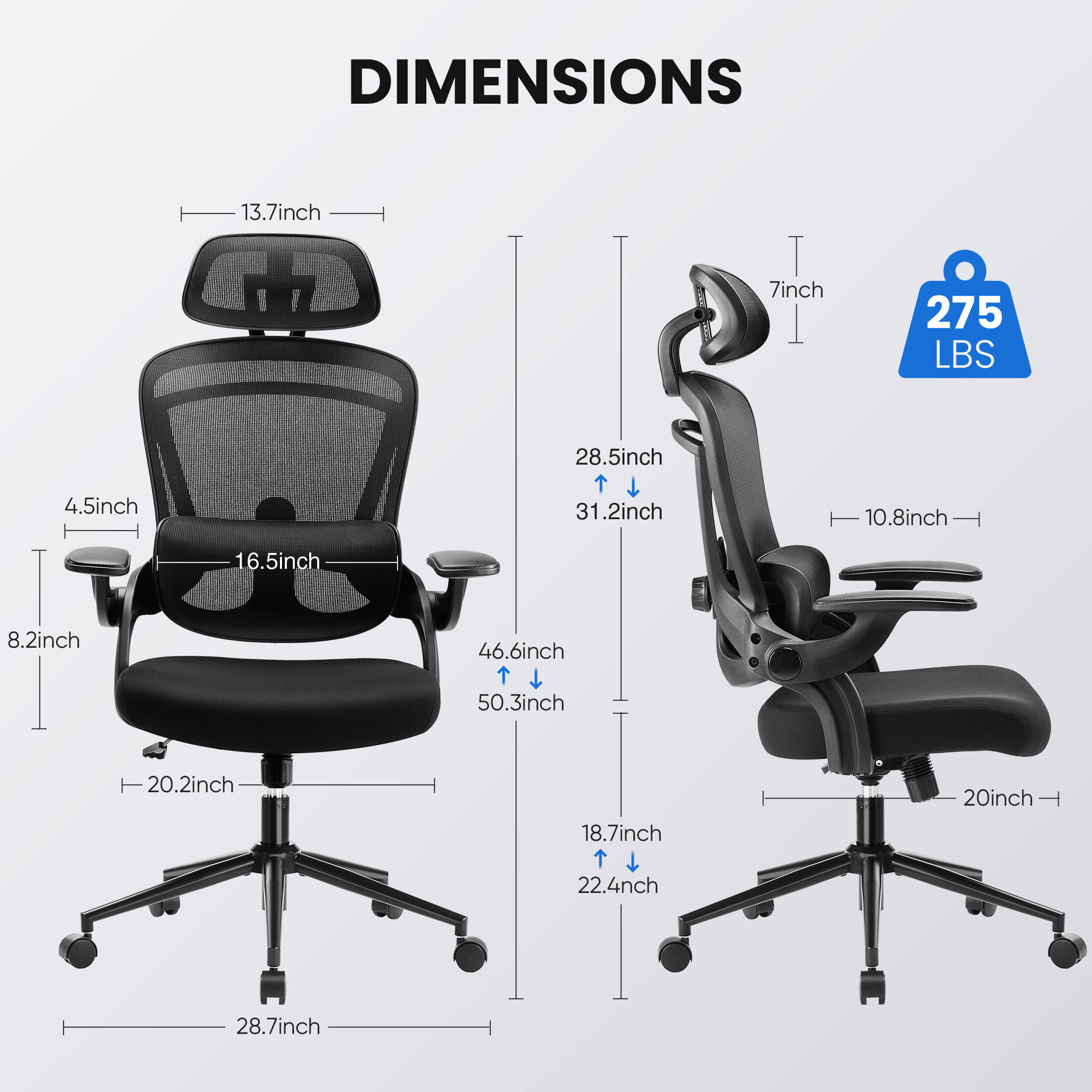 Ergonomic Office Chair with Adjustable Lumbar Support, Flip-Up Armrests, Breathable Mesh