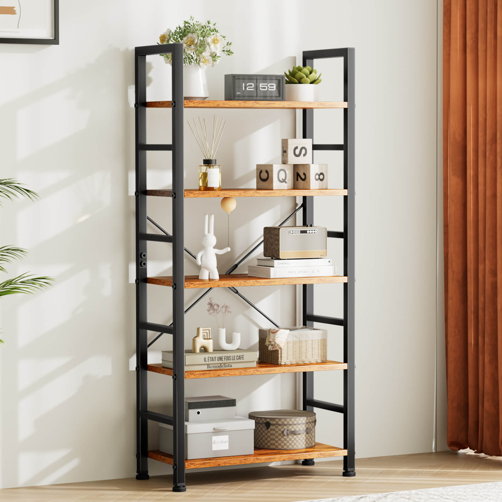 Versatile 5-Tier Bookshelf, Durable Metal Frame, Open Shelves, Modern Minimalist Design