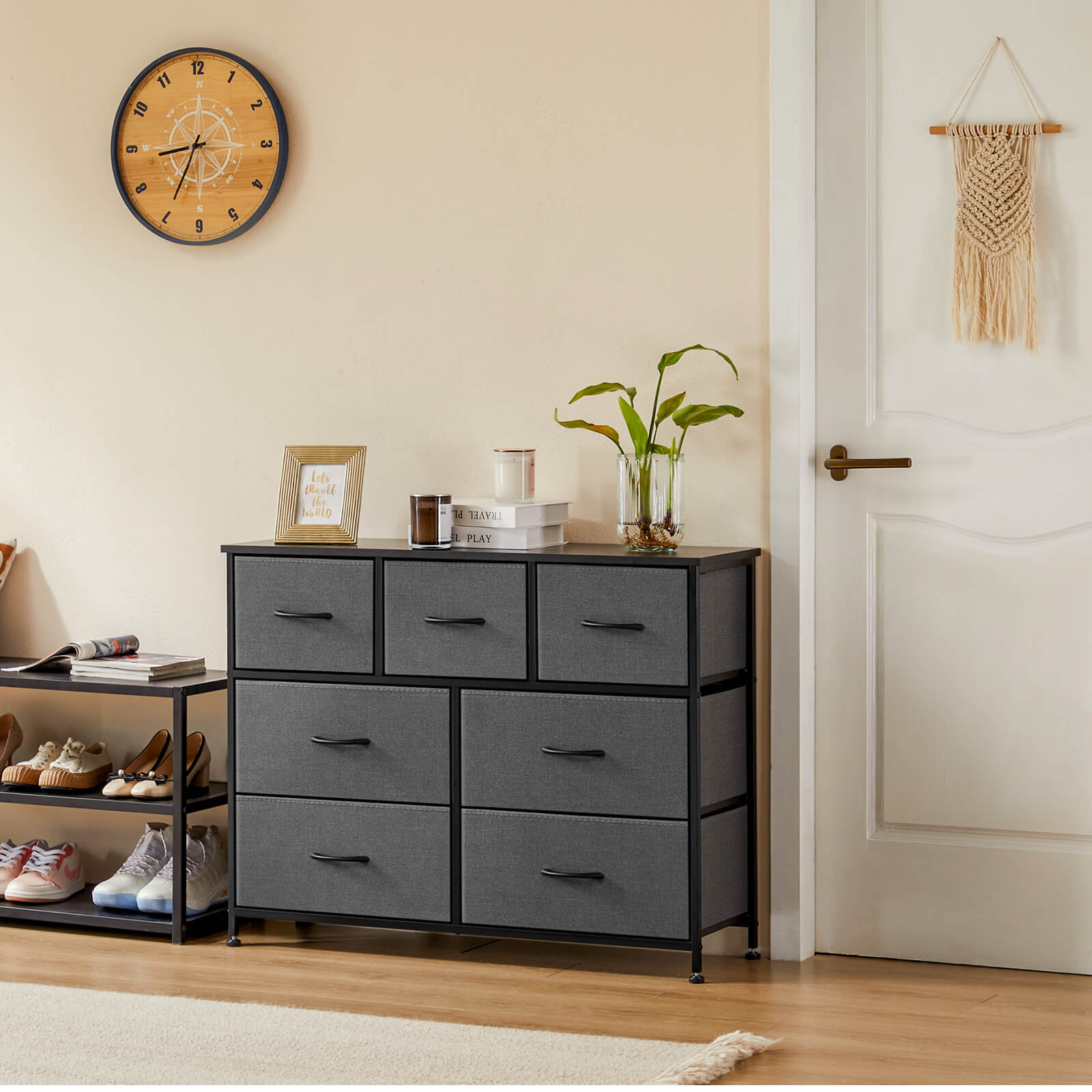 Versatile Wooden Top Dresser with 7 Fabric Drawers for Bedroom and Living Room Storage