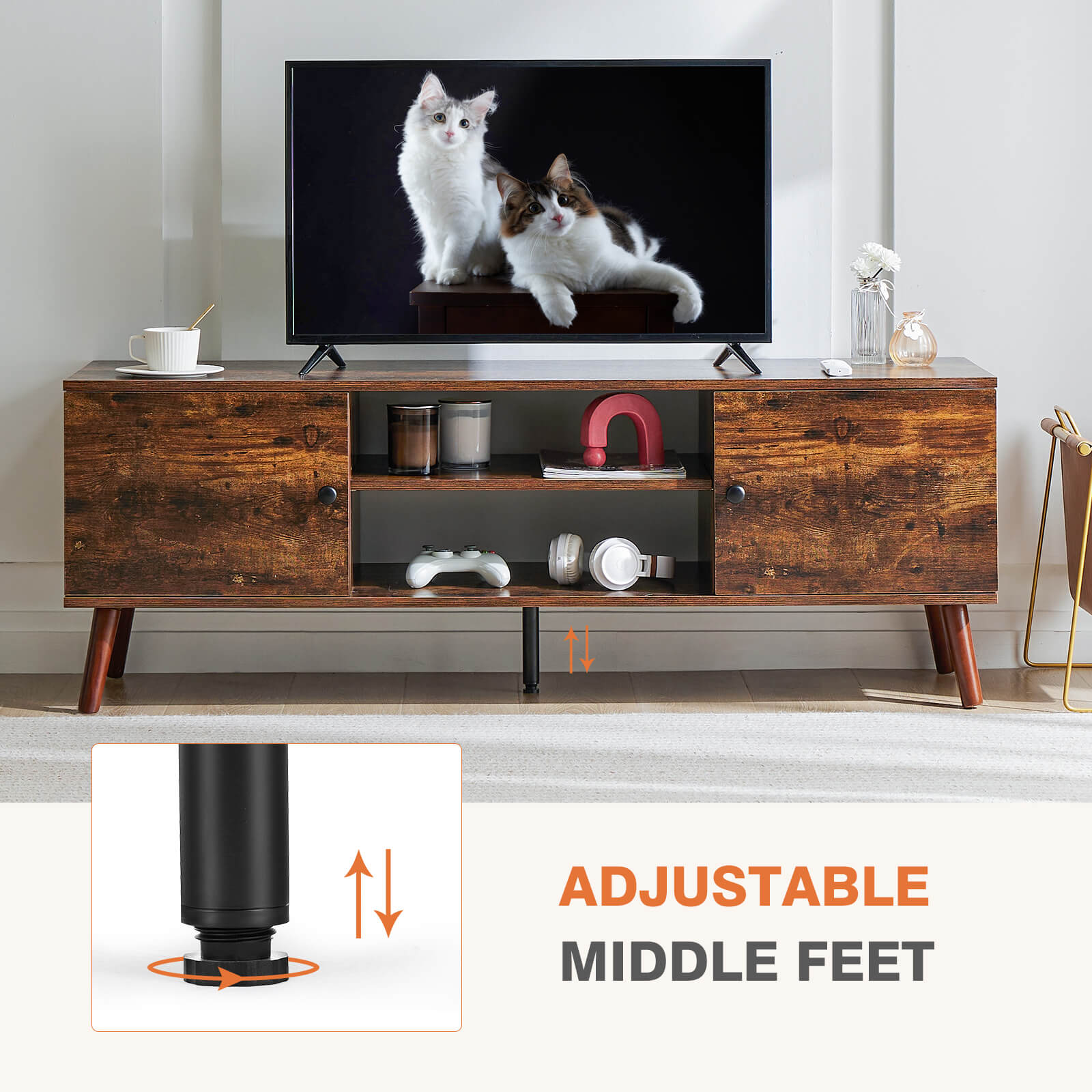 Modern Wooden TV Stand, 60-inch, Adjustable Shelves, Double Storage Cabinets
