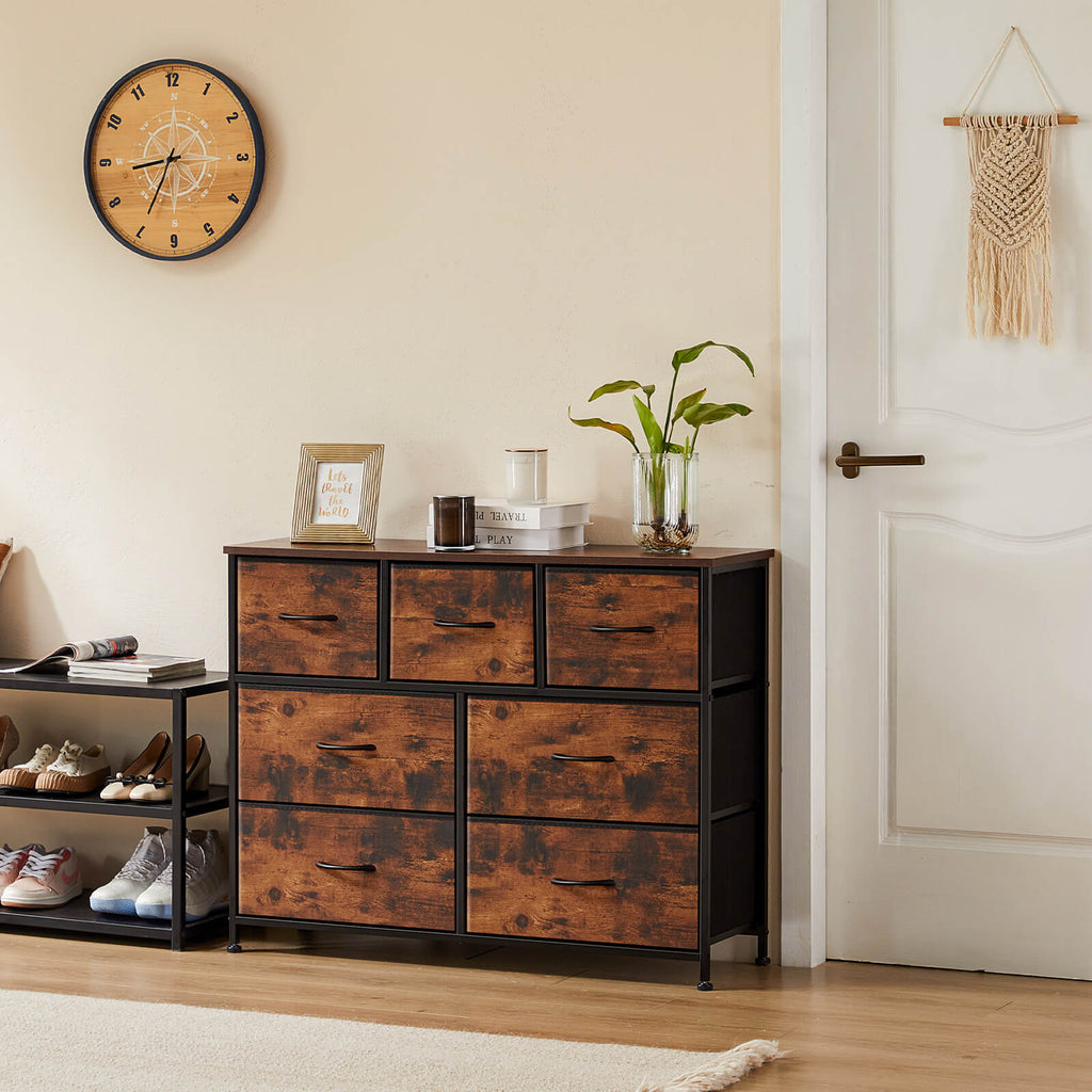 Versatile Wooden Top Dresser with 7 Fabric Drawers for Bedroom and Living Room Storage