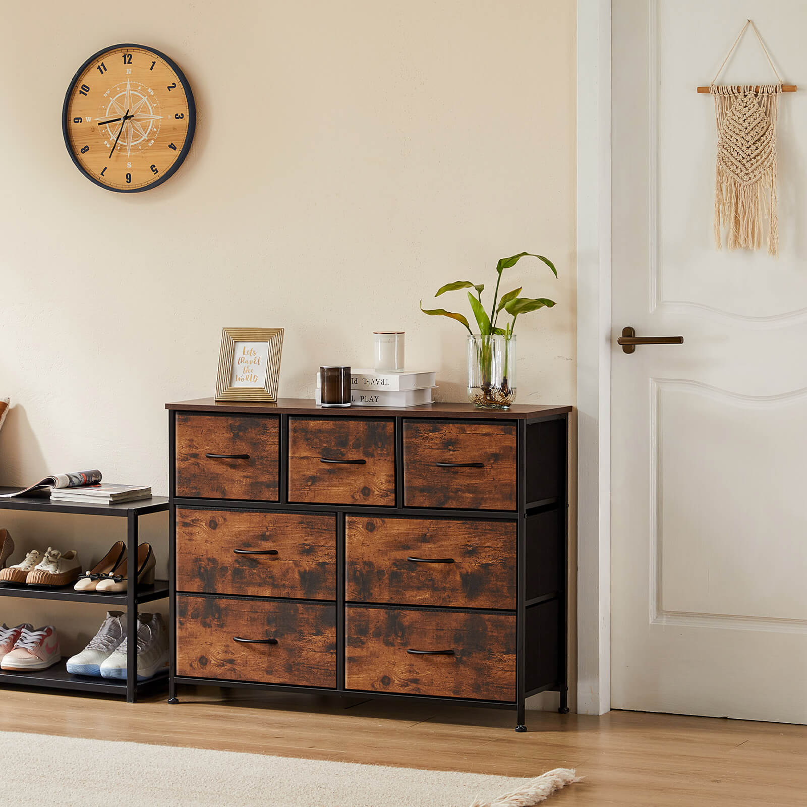 Versatile Wooden Top Dresser with 7 Fabric Drawers for Bedroom and Living Room Storage