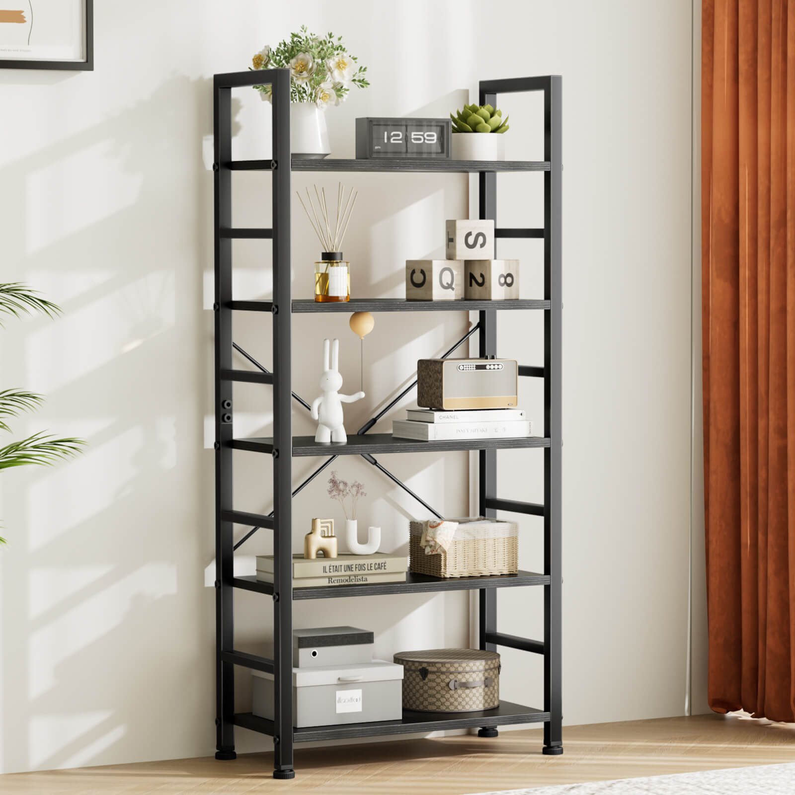 Versatile 5-Tier Bookshelf, Durable Metal Frame, Open Shelves, Modern Minimalist Design