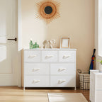 Versatile Wooden Top Dresser with 7 Fabric Drawers for Bedroom and Living Room Storage