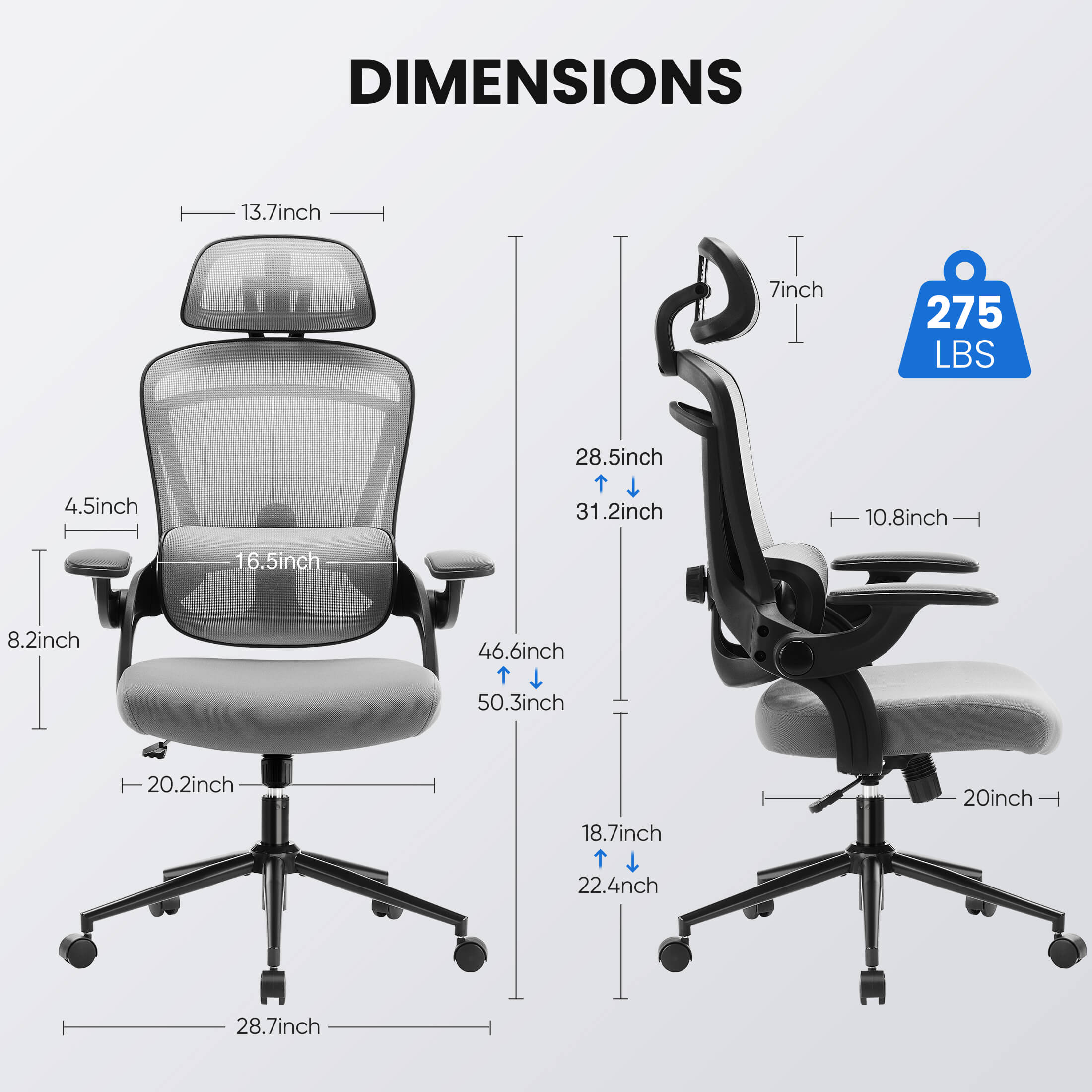 Ergonomic Office Chair with Adjustable Lumbar Support, Flip-Up Armrests, Breathable Mesh