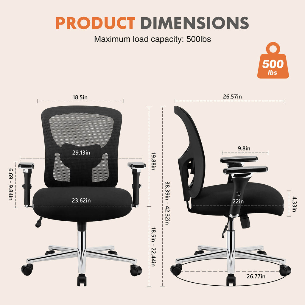 Heavy Duty Ergonomic Office Chair, Adjustable Lumbar Support, Oversized Cushion, 500lb Capacity