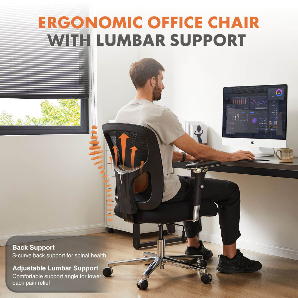 Heavy Duty Ergonomic Office Chair, Adjustable Lumbar Support, Oversized Cushion, 500lb Capacity
