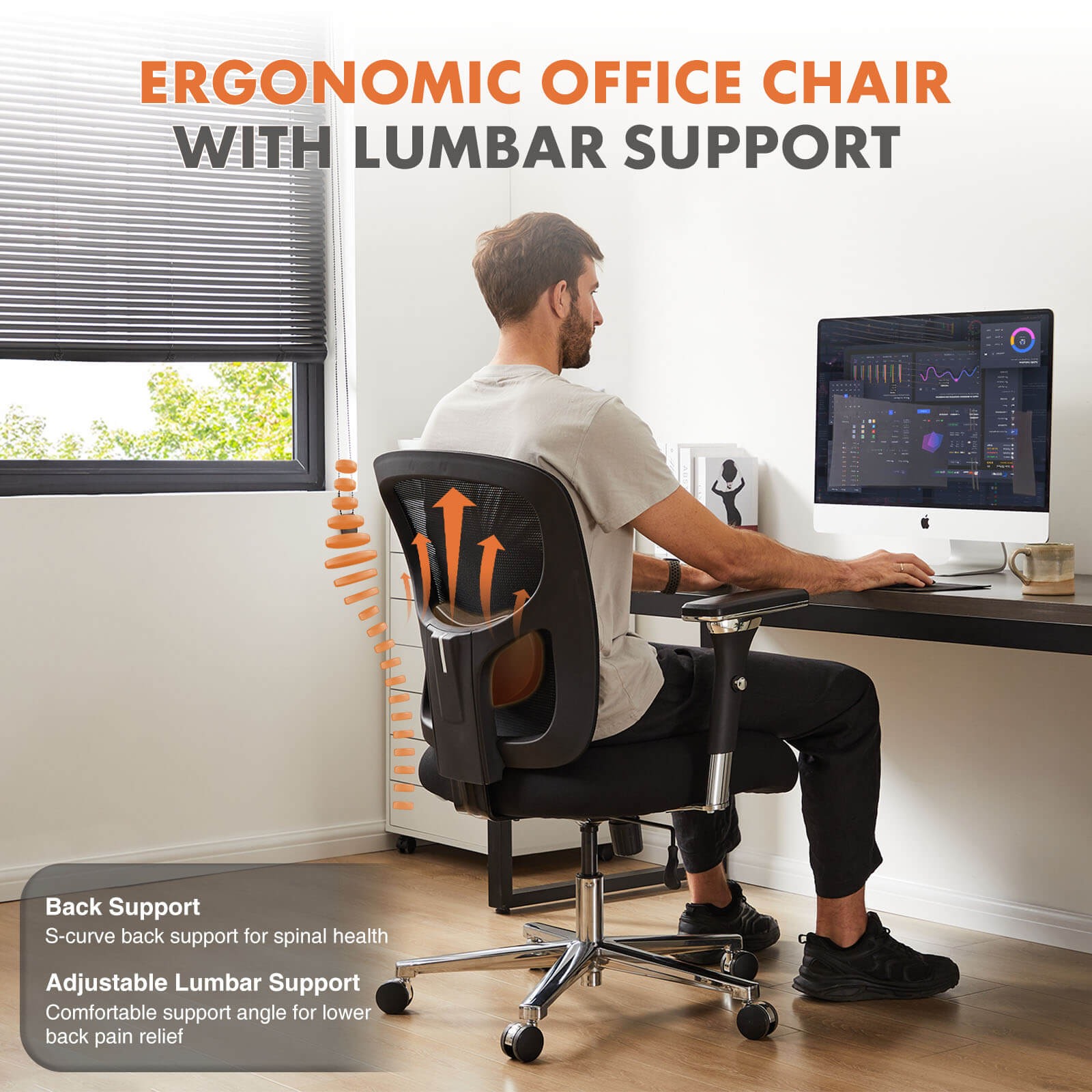 Heavy Duty Ergonomic Office Chair, Adjustable Lumbar Support, Oversized Cushion, 500lb Capacity