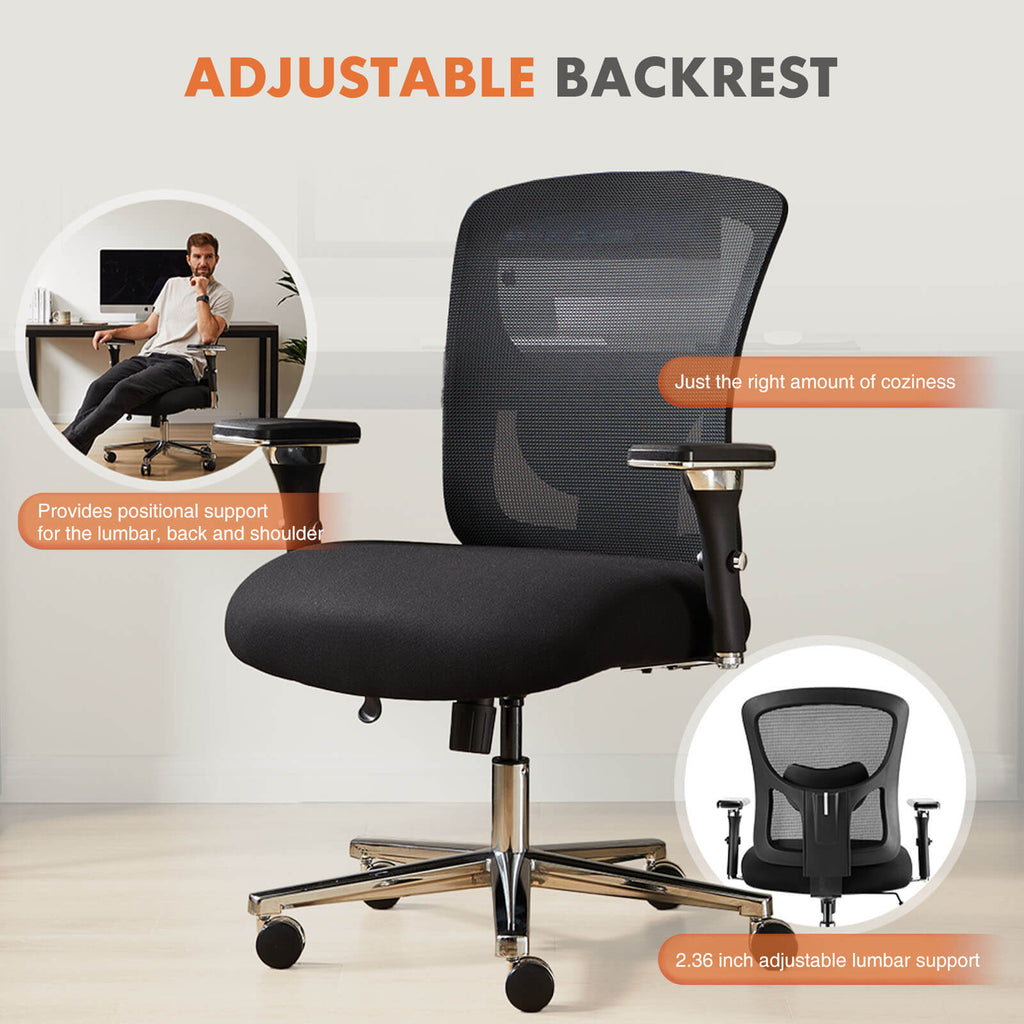 Heavy Duty Ergonomic Office Chair, Adjustable Lumbar Support, Oversized Cushion, 500lb Capacity