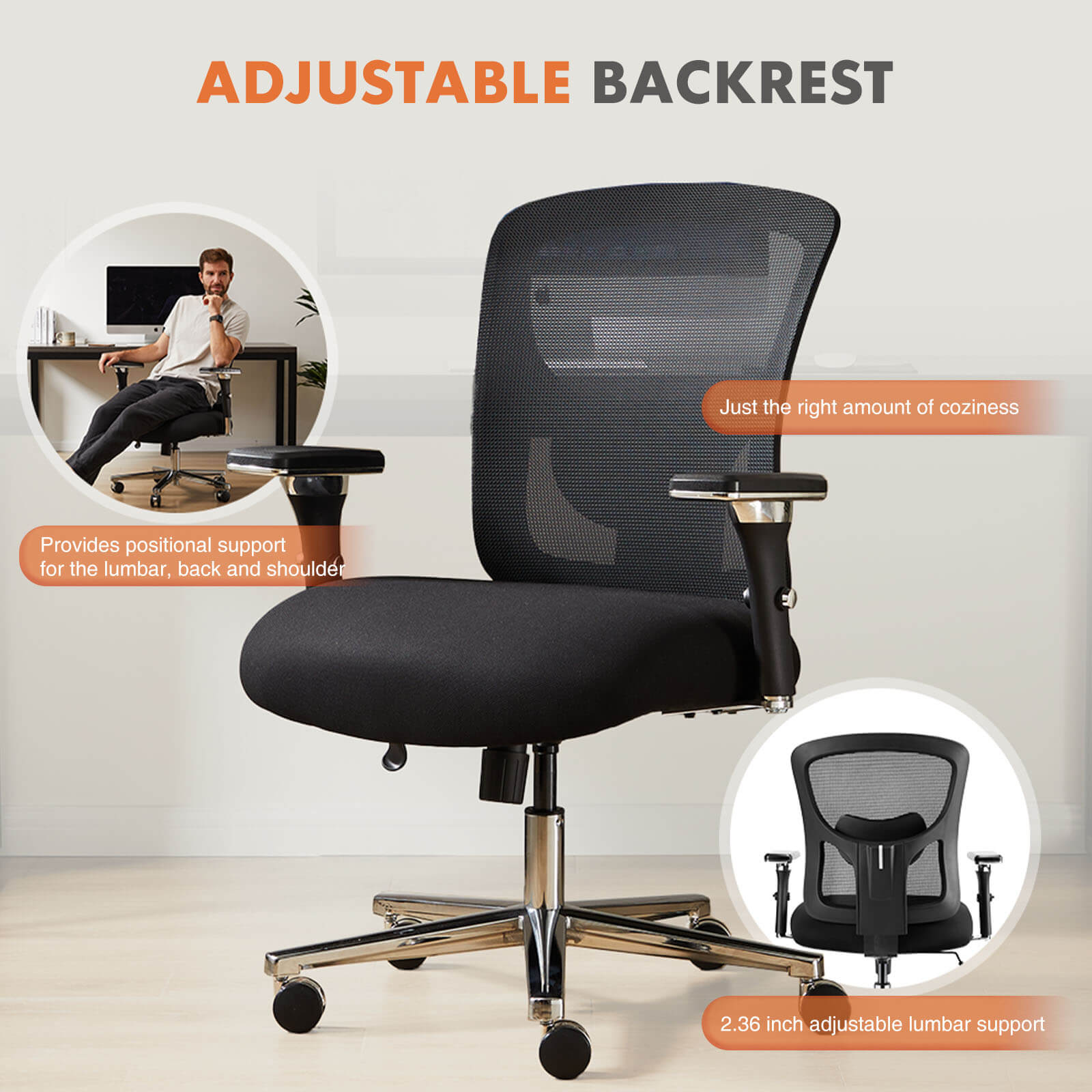 Heavy Duty Ergonomic Office Chair, Adjustable Lumbar Support, Oversized Cushion, 500lb Capacity