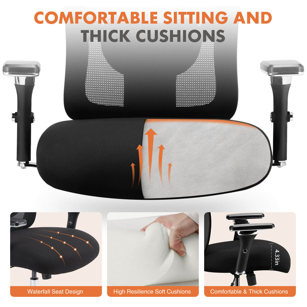 Heavy Duty Ergonomic Office Chair, Adjustable Lumbar Support, Oversized Cushion, 500lb Capacity